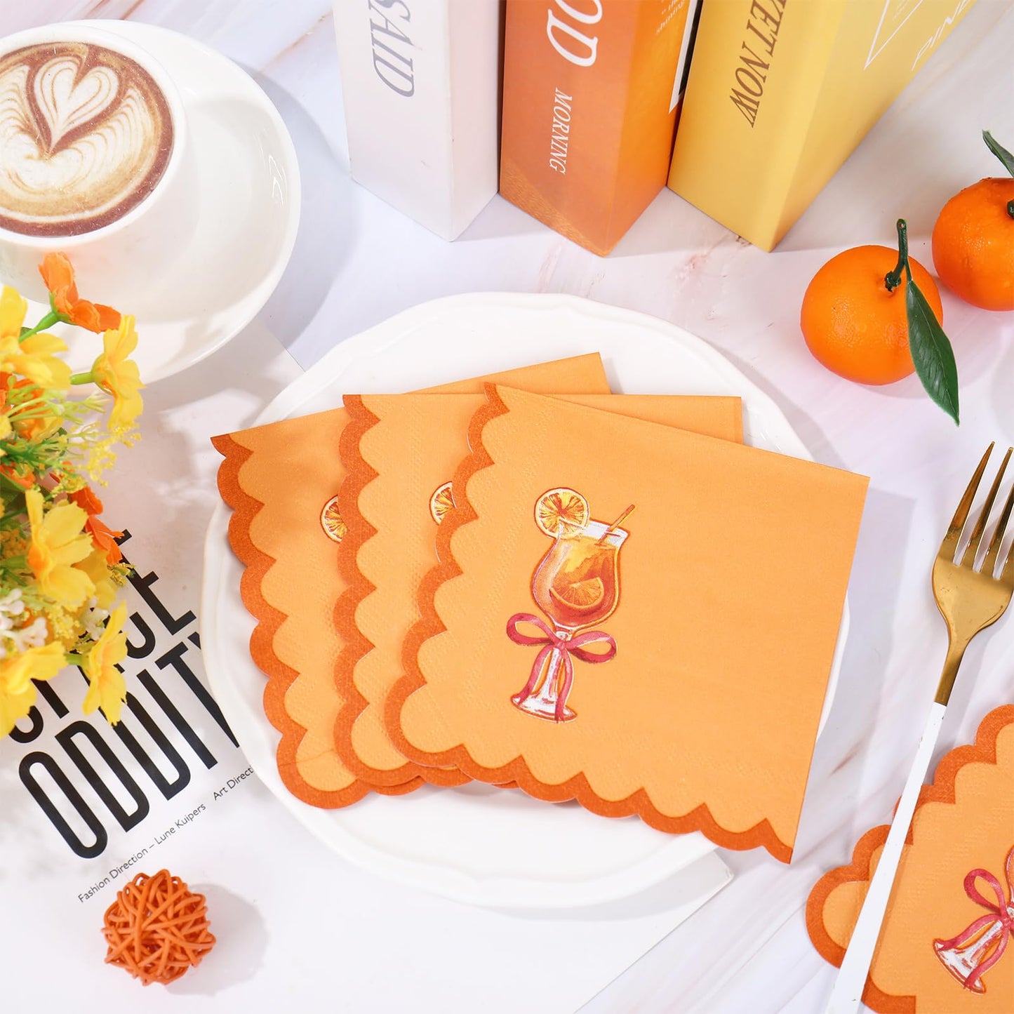 FYSUIMU 100 Pcs Love at First Spritz Cocktail Napkin Disposable Scalloped Paper Napkin Orange Drink Beverage Napkins for Wedding Bride Bachelorette Shower Party Supplies