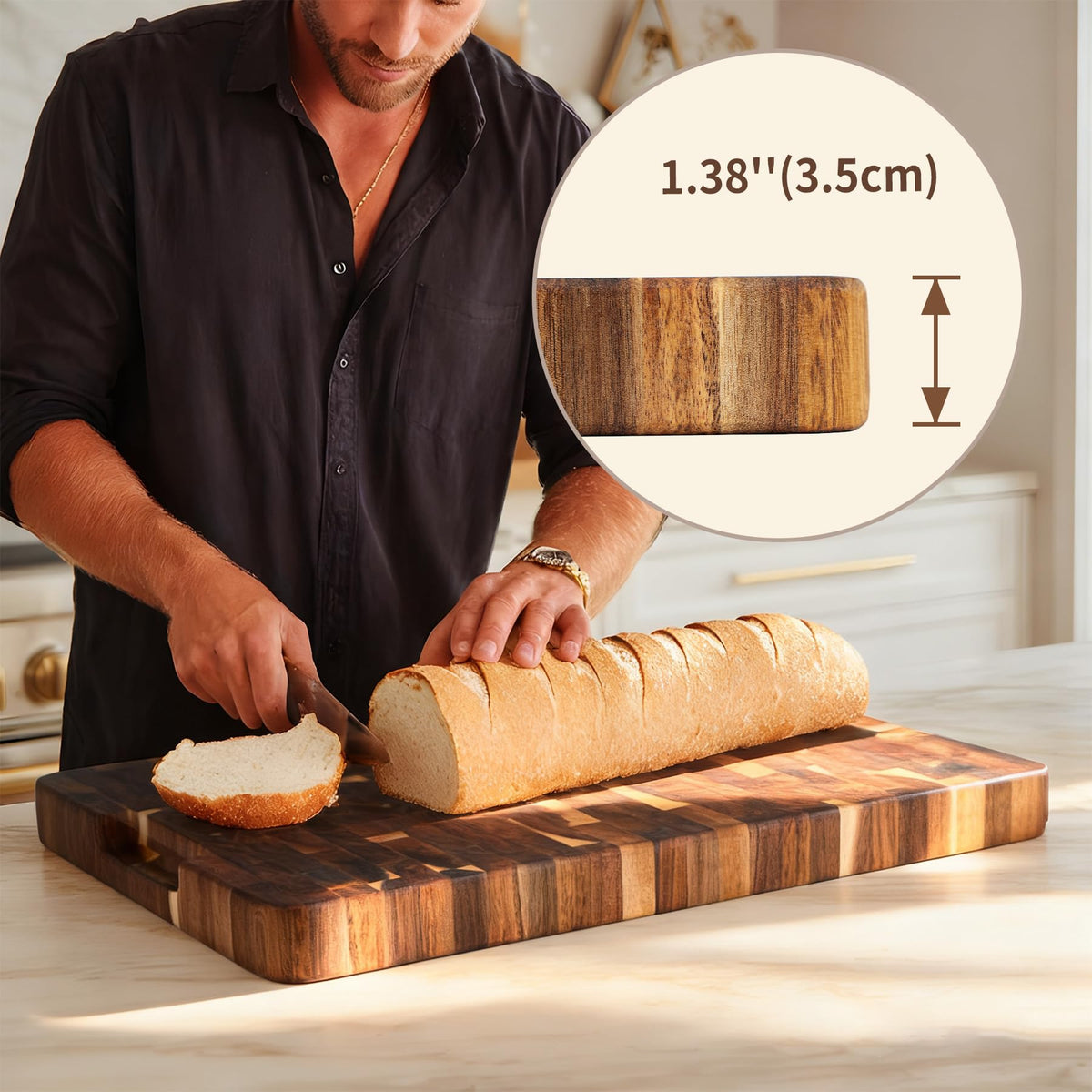 Utoplike Acacia Cutting Board 17" x 12", Wood End Grain Chopping Board with Single-Side Juice Groove and Handles, Reversible Butcher Block for Meat, Vegetables, 1.4" Th