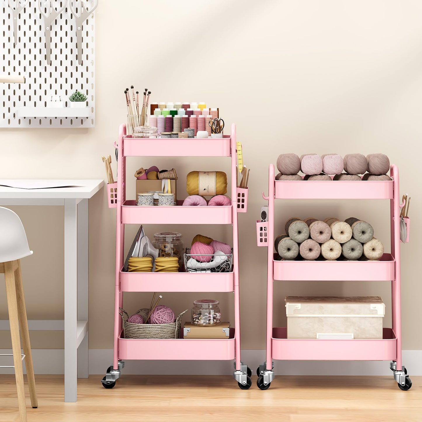 TOOLF 4 Tier Rolling Cart with Pegboard, Metal Storage Organizer Cart with Wheels, Hooks & Bins Esthetician Craft Art Sturdy Storage for Bathroom, Kitchen, Office, Nursery Diaper