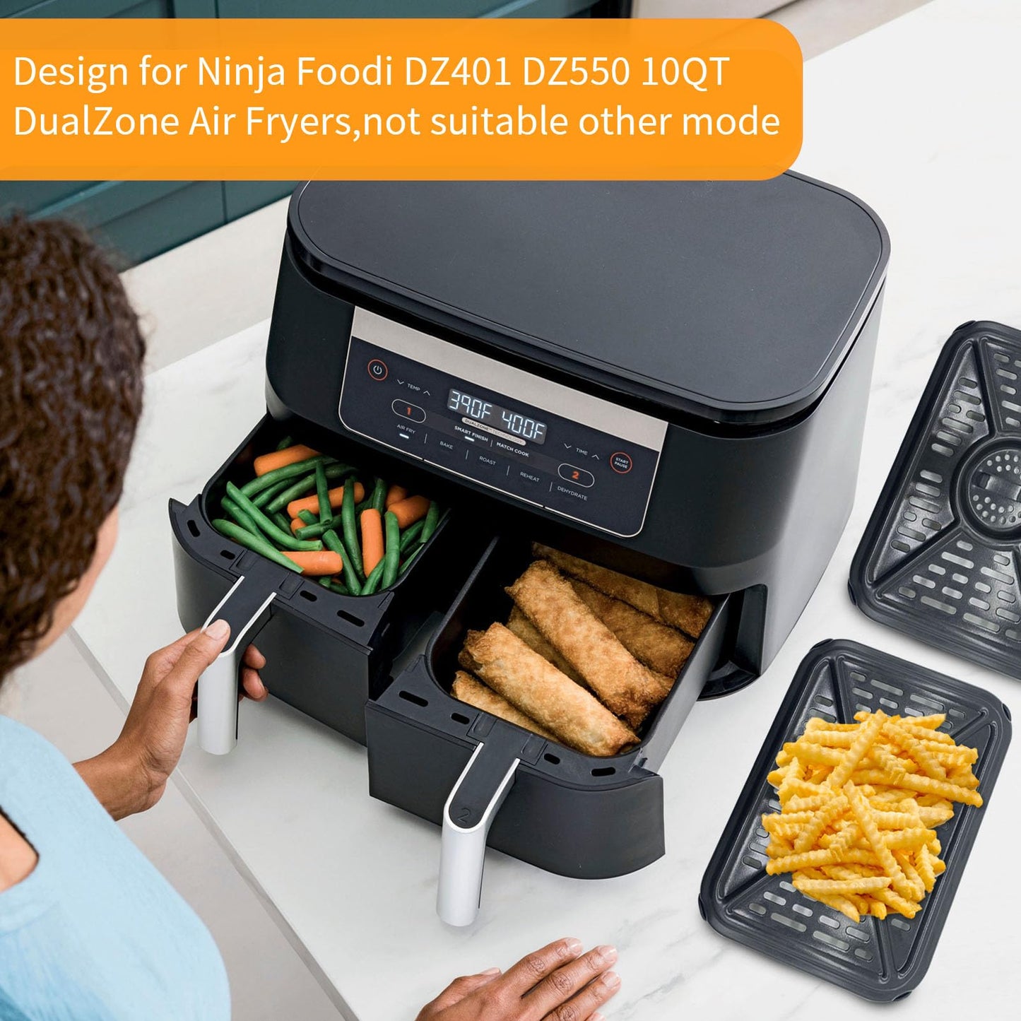 Air Fryer Grill Pan for Ninja Foodi DZ401 DZ550 10QT DualZone Air Fryers, Replacement Air Fryer Crisper Plate Grill Plate Tray Accessories with Rubber Bumpers, Dishwasher Safe