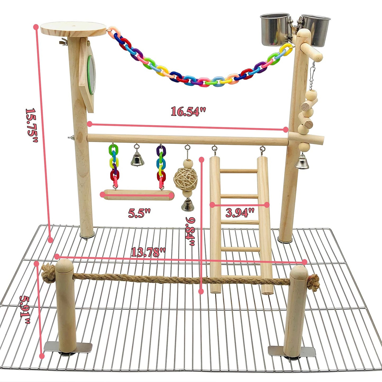 Bird Playground Top Cage, Parrot Gym Hanging Chewing Toys, Cage Top Play Stand for Conure, Parakeets, Budgie, Cockatiels, Lovebirds, Wood Perch Toys