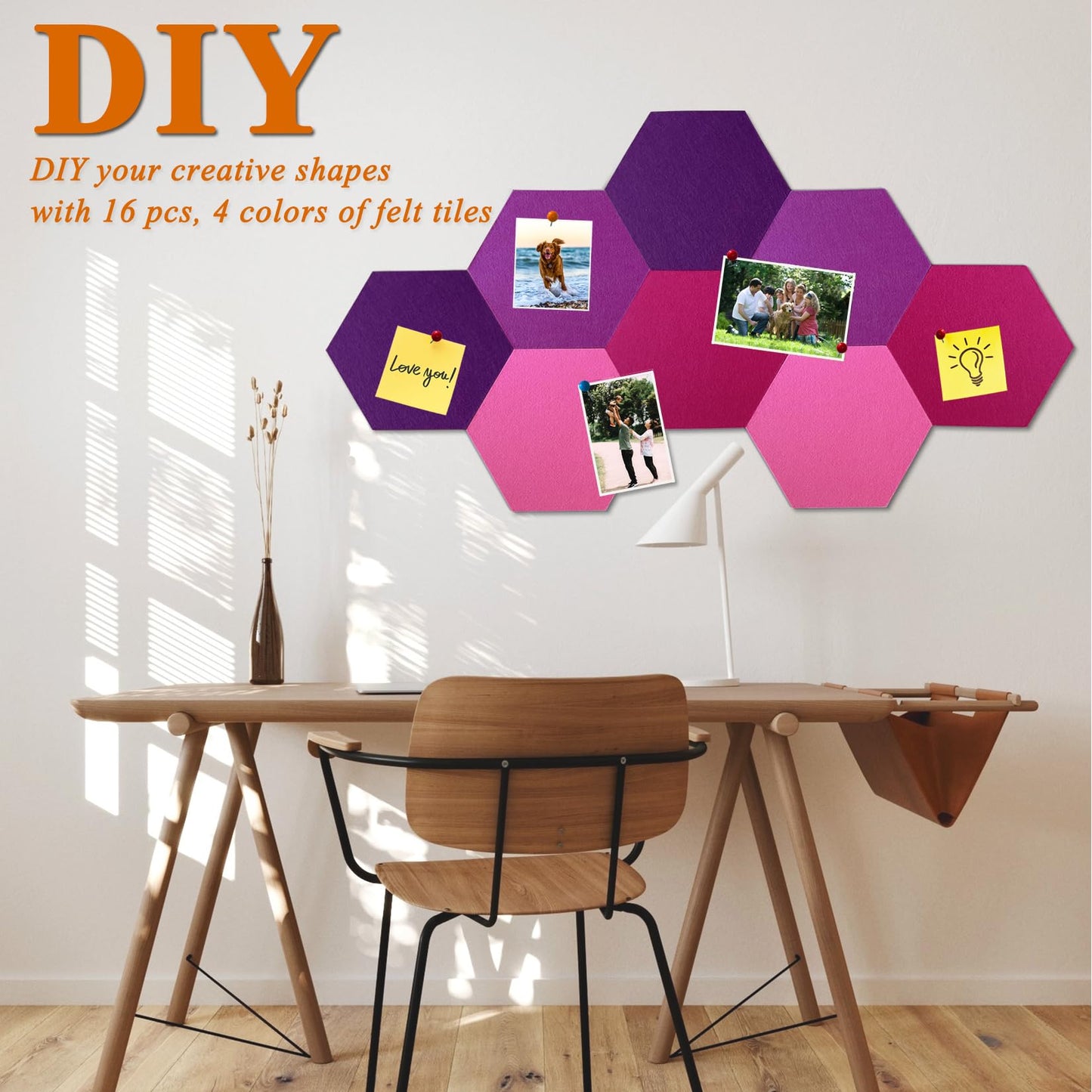 HULAVO 16Pcs Hexagon Felt Cork Board Tiles, Self Adhesive DIY Felt Bulletin Board Pin Board with 70 Pushpins for Office School Home Wall Decor Stickers Memos Photos Display(Gradual Purple)