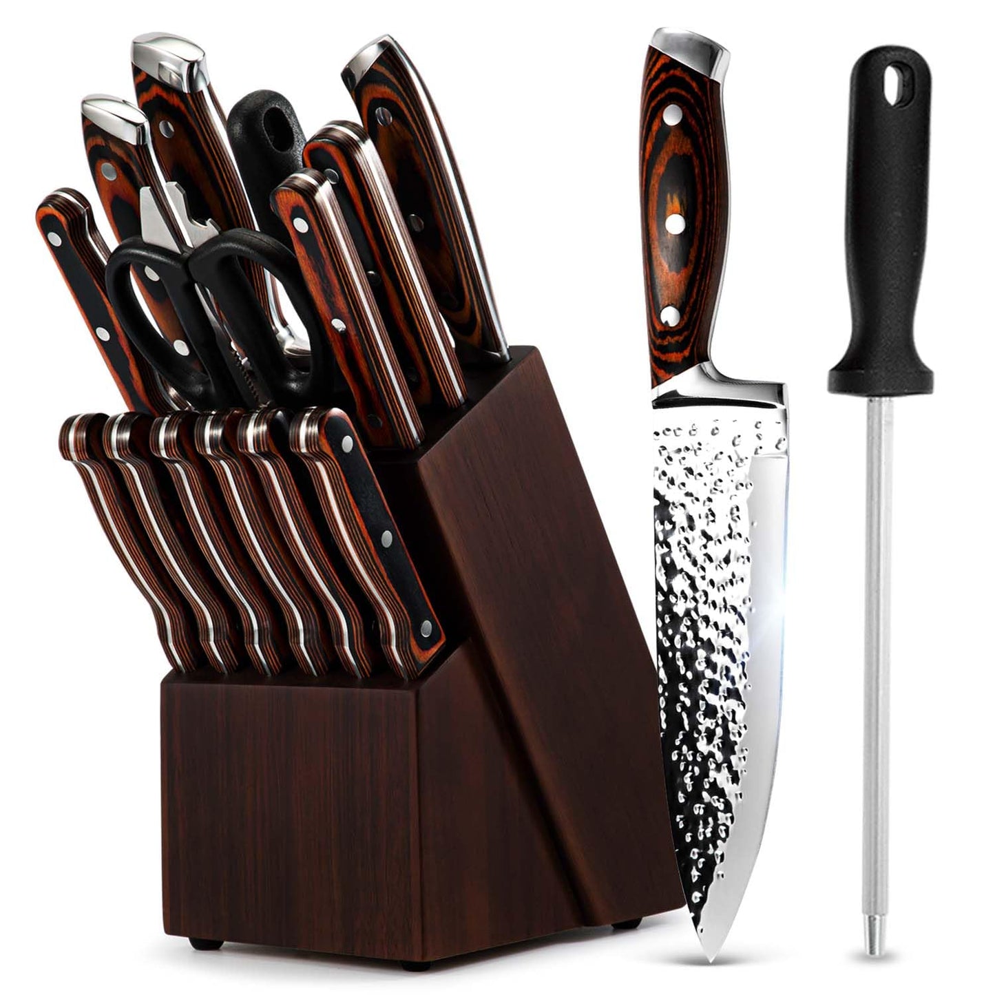 Kitchen Knife Sets with Block, 15-Piece High Carbon Stainless Steel Knife Block Set with Sharpener, Ultra-Sharp Kitchen Knives with Triple Rivet Wood Handle Perfect for Cooking Cut