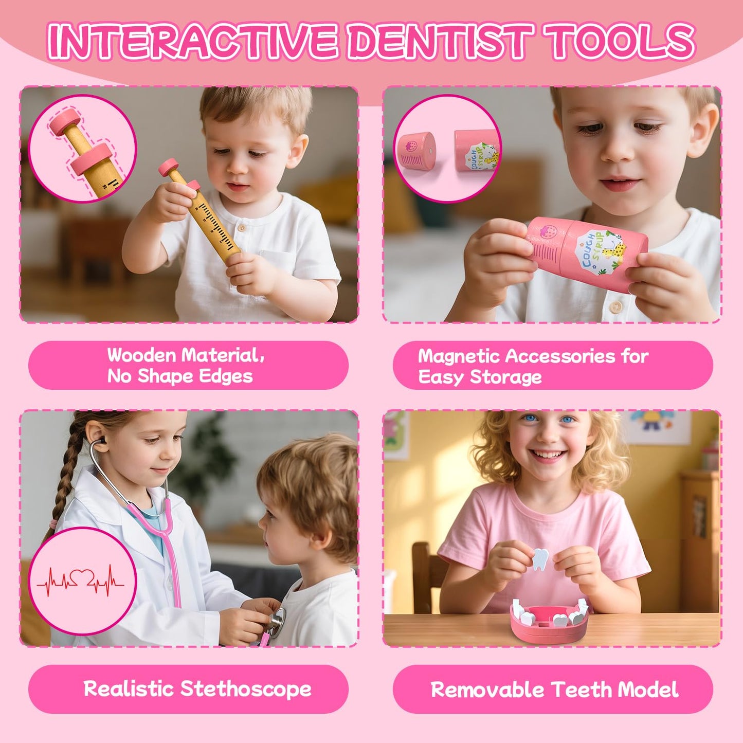 XZZO Doctor Kit for Kids, Pretend Play Dentist Set for Toddlers with Medical Bag & Real Stethoscope, Realistic Wooden Medical Kit Role Play Set, Gifts for Boys Girls 3+ Years