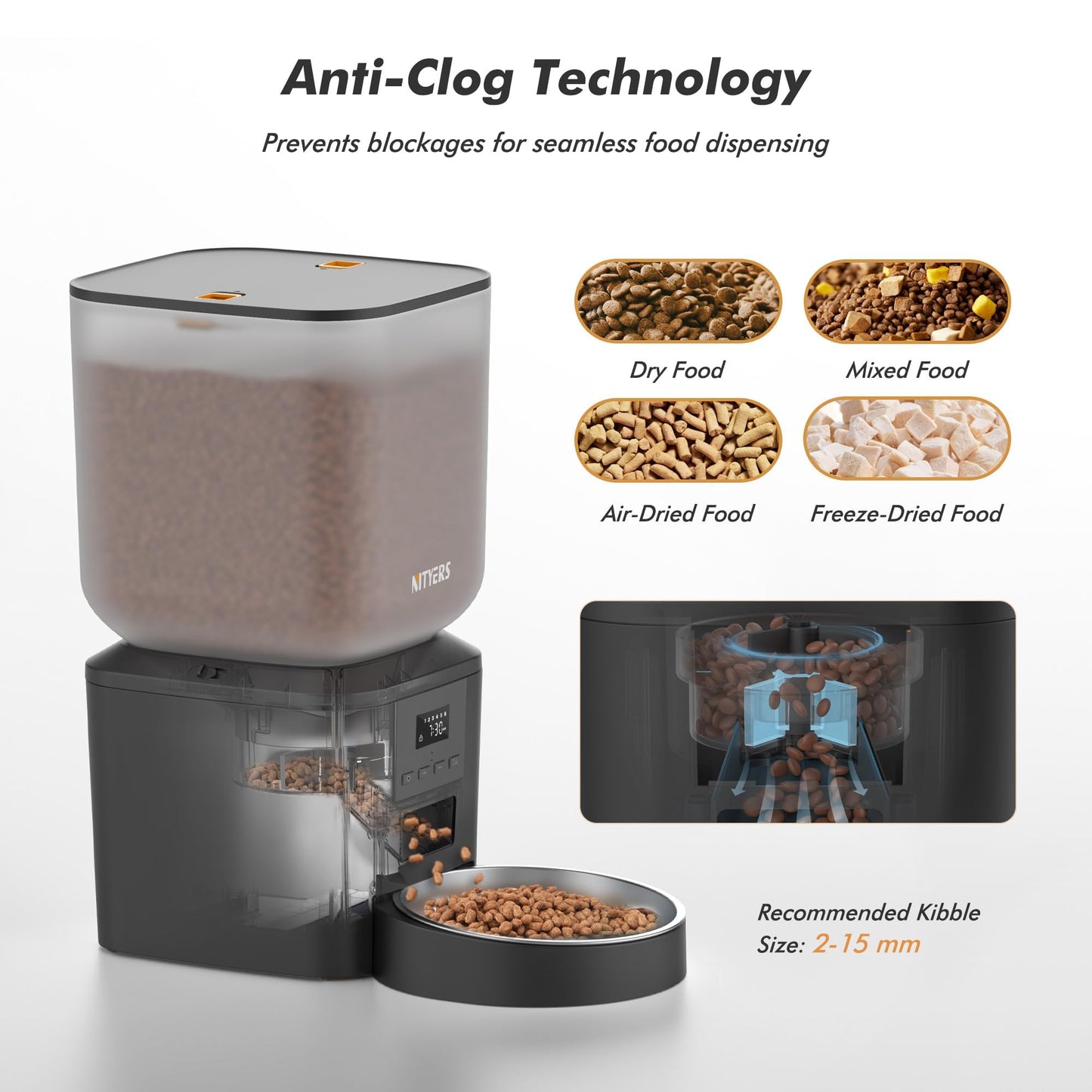 Automatic Cat Feeder - 8L/34 Cups Automatic Dog Feeder Timed Food Dispenser, Up to 50 Portions 6 Meals Per Day, Large Stainless Steel Food Bowl, Dual Power Supply (Black, One Bowl-Standard)