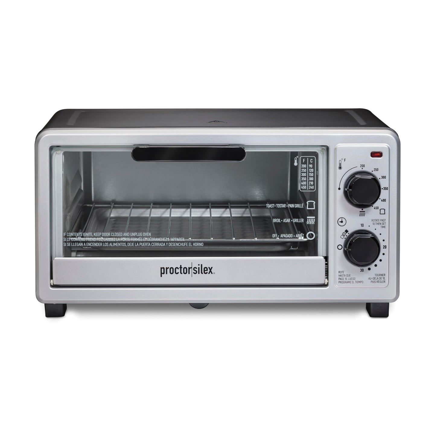 Proctor Silex 4 Slice Countertop Toaster Oven, Multi-Function with Bake, Toast and Broiler, 1100 Watts, 30 min timer and auto-shutoff, Includes Backing Pan and Rack, Black and Silver (31260G)