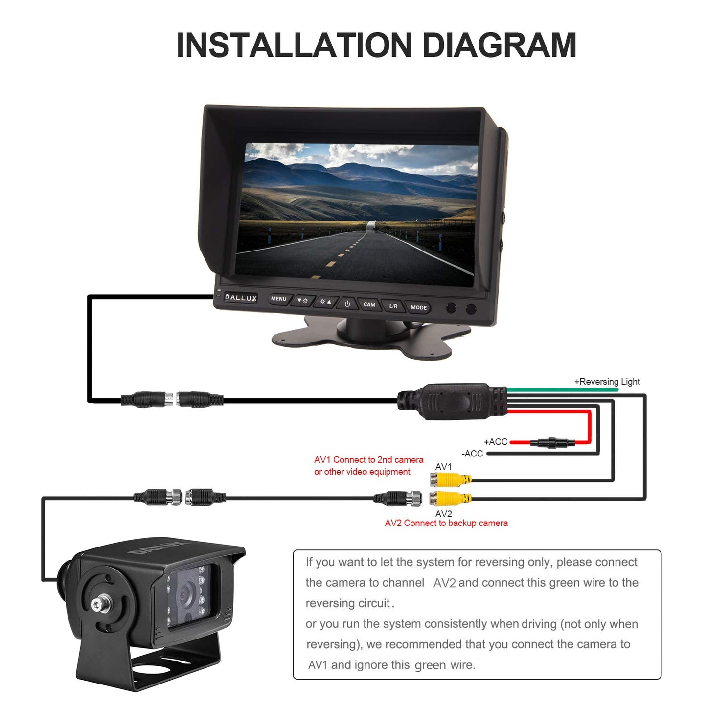 DALLUX Heavy Duty Vehicle Truck Bus Backup Camera System,Waterproof Night Vision Rear View Camera with 7 inch Monitor+66ft 4 PIN Camera Cable for Bus Truck Van Trailer RV Campers Motor Home(12V 24V)