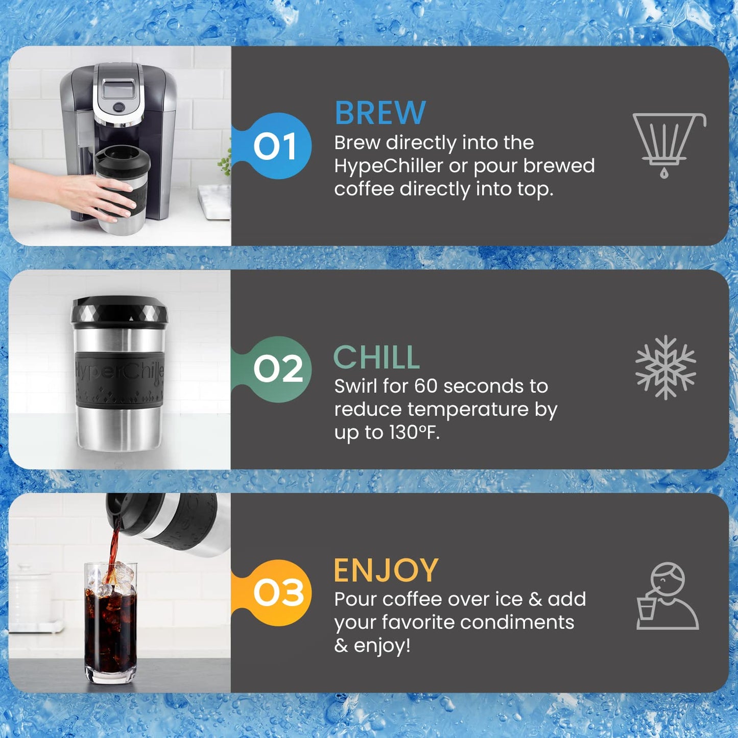 HyperChiller The Original but NEW Stainless-Steel HC2SS Patented Iced Coffee/Beverage Cooler Ready in One Minute, Reusable for Iced Tea, Wine, Spirits, Alcohol, Juice, 12.5 oz, Stainless Steel