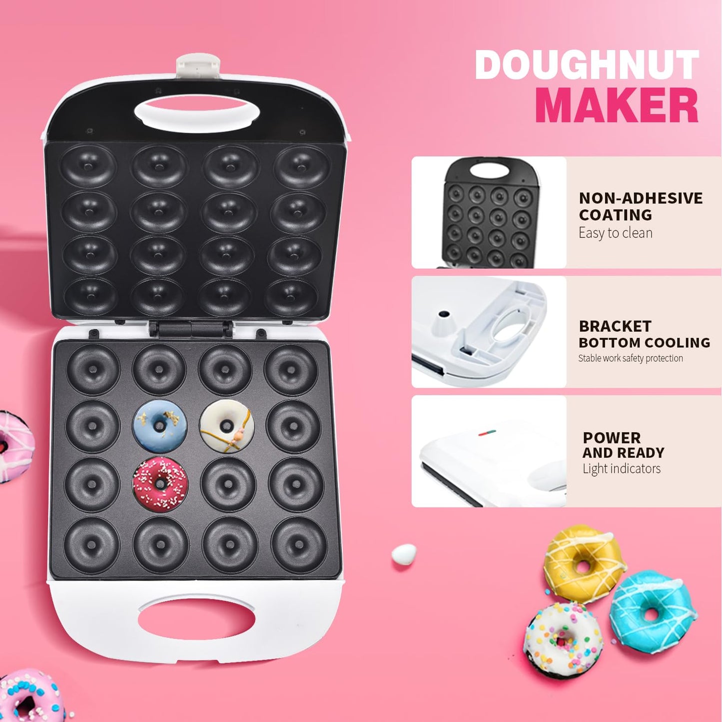 DSP All in One 2 Inch Mini Donut Maker, Non-Stick, Cool Touch, Electric Doughnut Machine for 16 Snacks & Desserts, Perfect for Birthday, Wedding, Baby Shower, Christmas, Party, Afternoon Tea