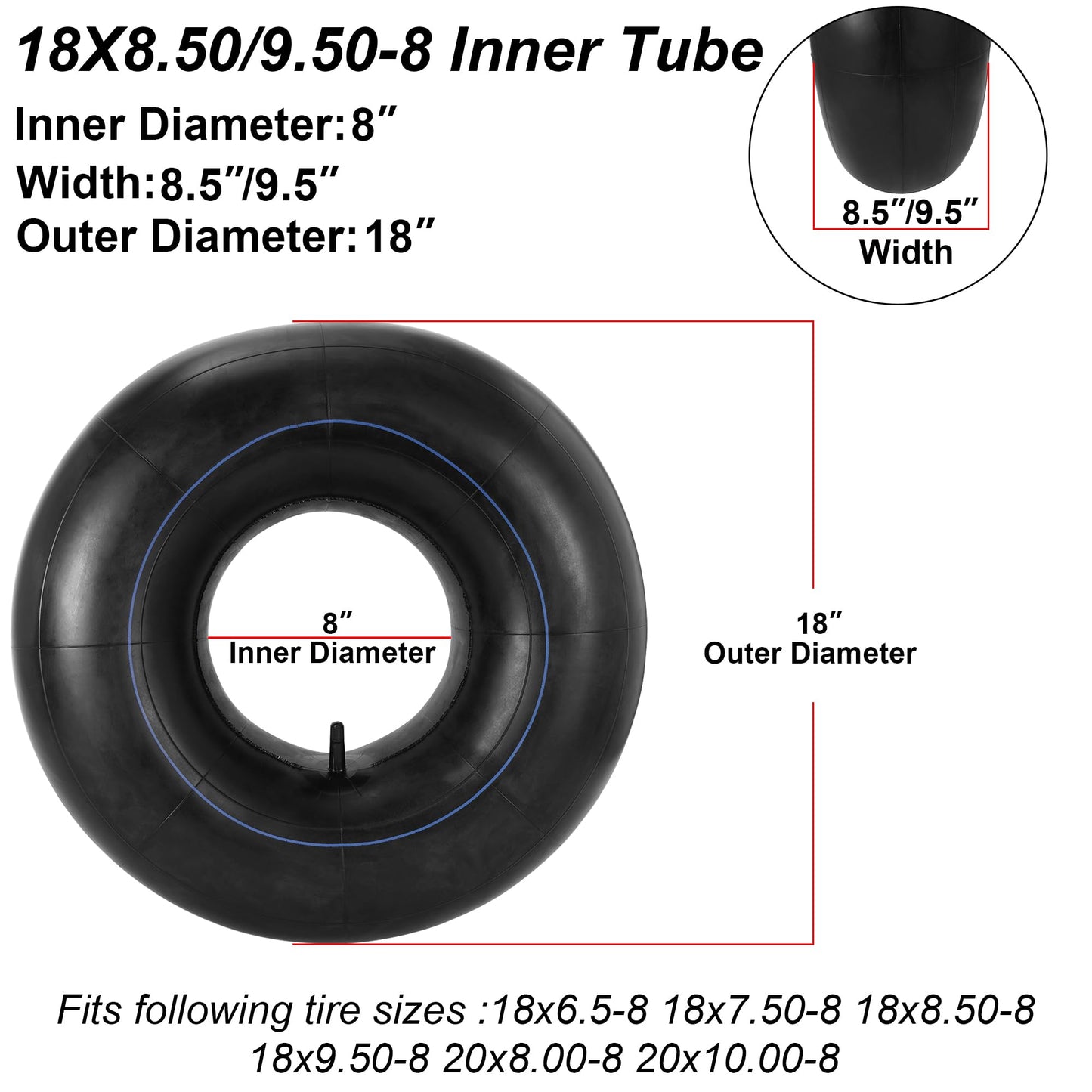 RUTU 18x8.50-8 18x9.50-8 Inner Tube 20x8.00-8 20x10.00-8 Replacement with TR13 Valve Stem Suitable for Lawn Mowers Go Karts ATV Golf Cart Wheelbarrow Tractor Tires Heavy Duty 2 Pack