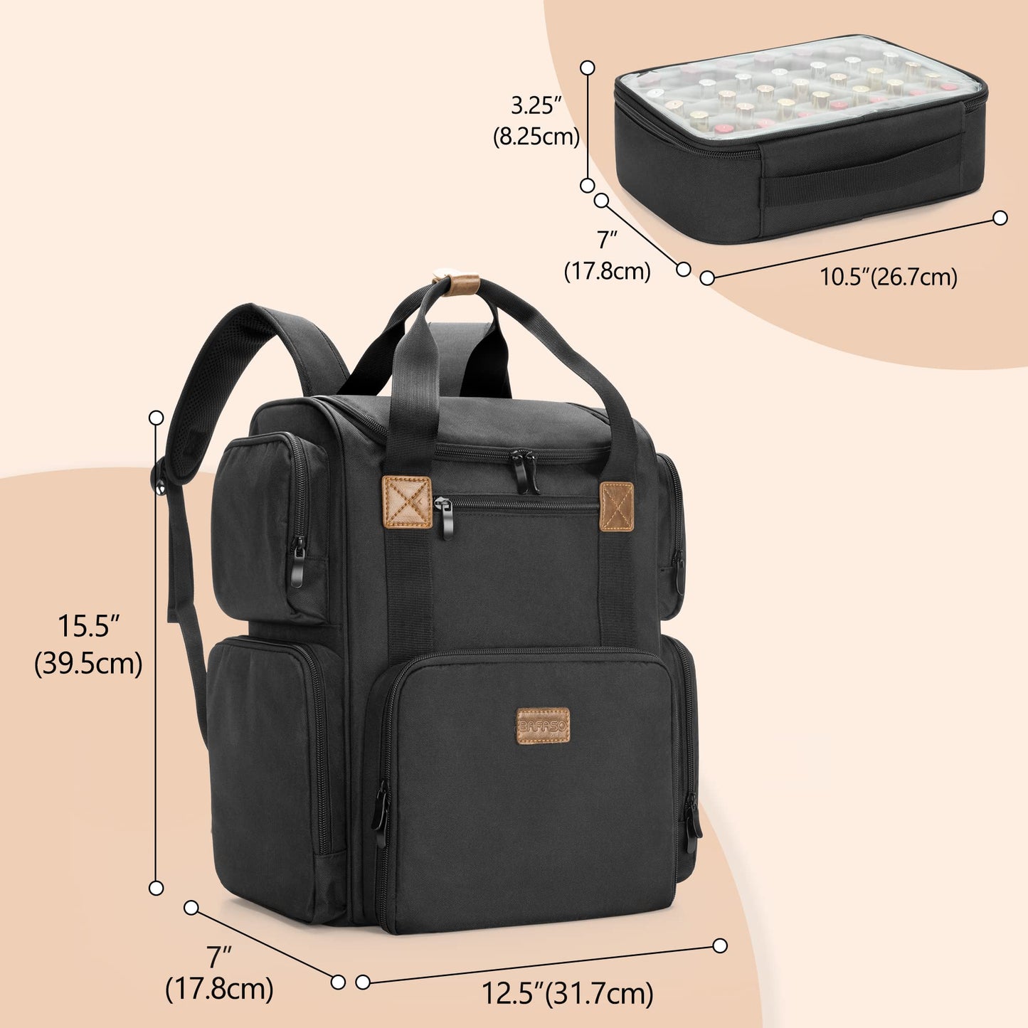 BAFASO Nail Polish Organizer Backpack Holds 70 Bottles and a Nail Lamp, Nail Polish Organizer Case with 2 Removable Pouches and a Laptop Sleeve (Patented Design), Black