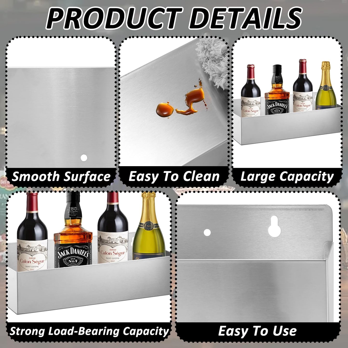 2 PCS 15 Inch Single Speed Rail Stainless Steel Liquor Bottle Holder Wall Mounted Spray Bottle Rack Drink Rail Shelf for Bars, Restaurants
