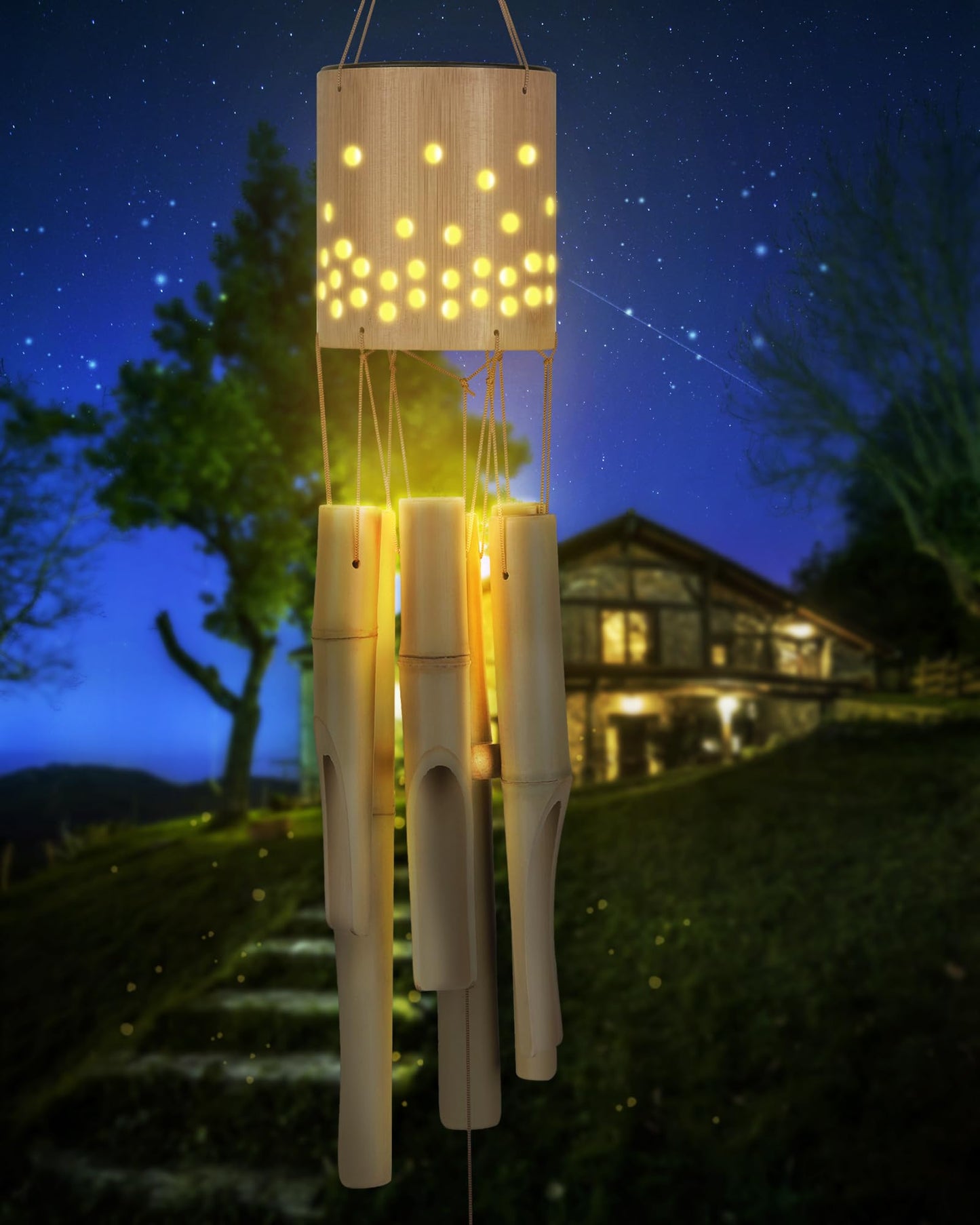 Bamboo Wind Chimes for Outside with Solar Accent Light, Outdoor Wooden Wind Chimes, 6 Bamboo Tubes, Deep Tone, Perfect for Patio, Garden, Porch, and Balcony Decor