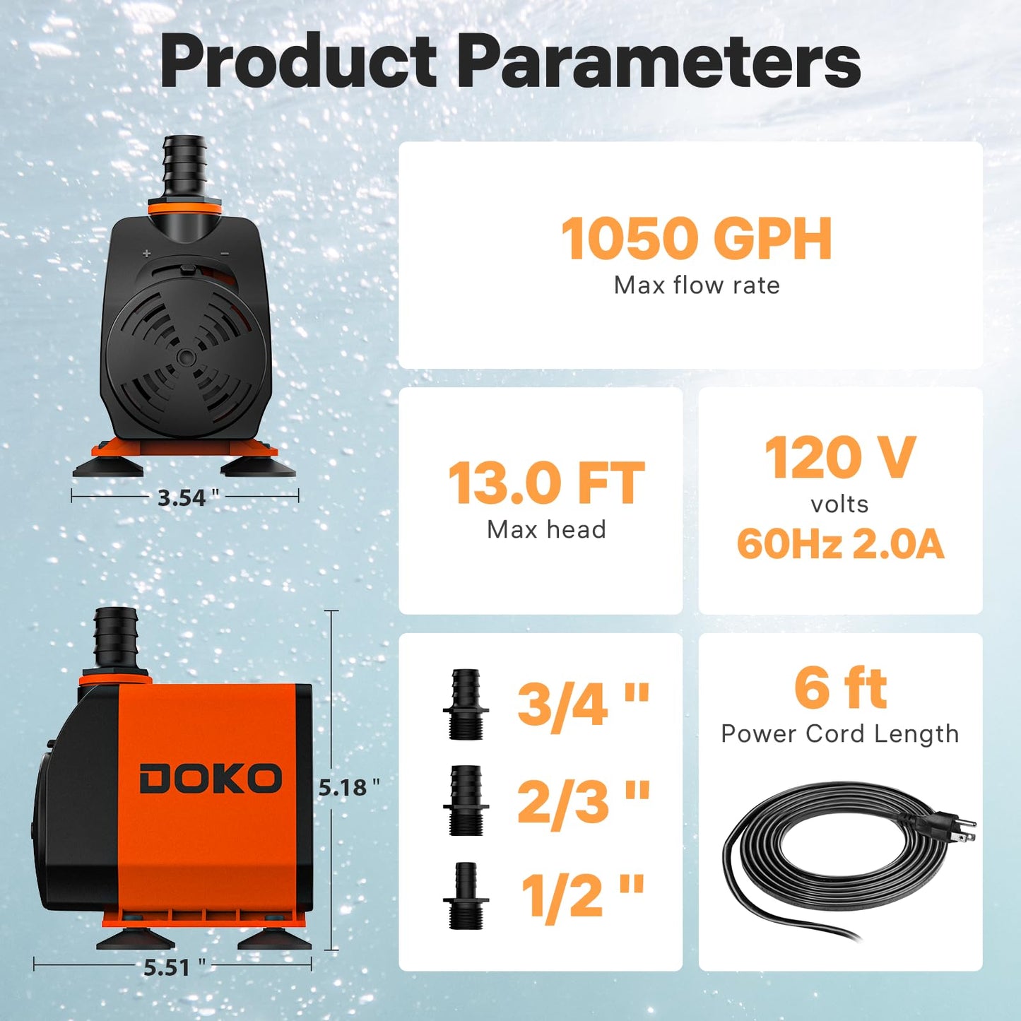 DOKO 1050GPH Submersible Water Pump, Fountain Water Pump with 6FT Power Cord and 3 Nozzles, 100W, Ultra Quiet Pond Pumps for Pond Aquarium Fountain Waterfall Fish Tank Hydroponic Statuary