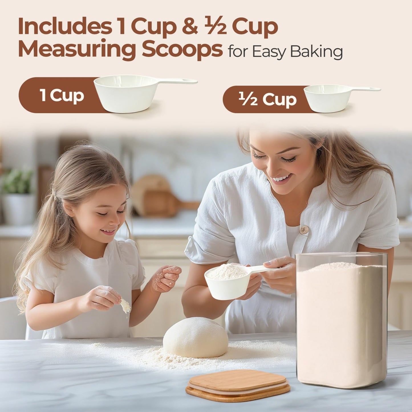 ComSaf 4 Qt Glass Food Storage Containers Set of 2, Large Storage Containers with Lids, Square Glass Jars with Lids, for Flour and Sugar, Cereal, Rice, Pasta, Oats, Coffee Beans