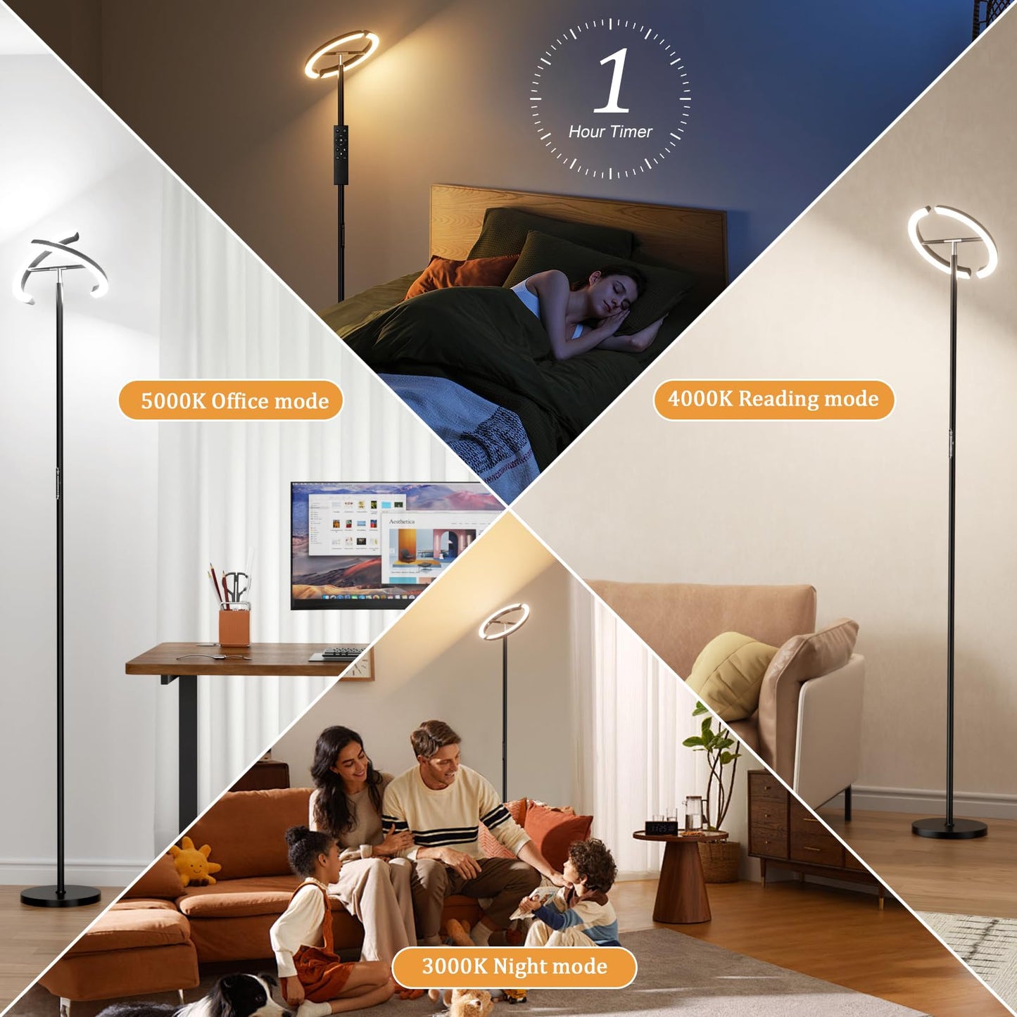 Ambimall Torchiere Floor Lamp, 2400LM LED Floor Lamp with Touch an d Remote Control, 70" Tall Standing Lamp with Stepless Dimmable and 3000K-5000K Color, Separately Rotatable Design(Black)