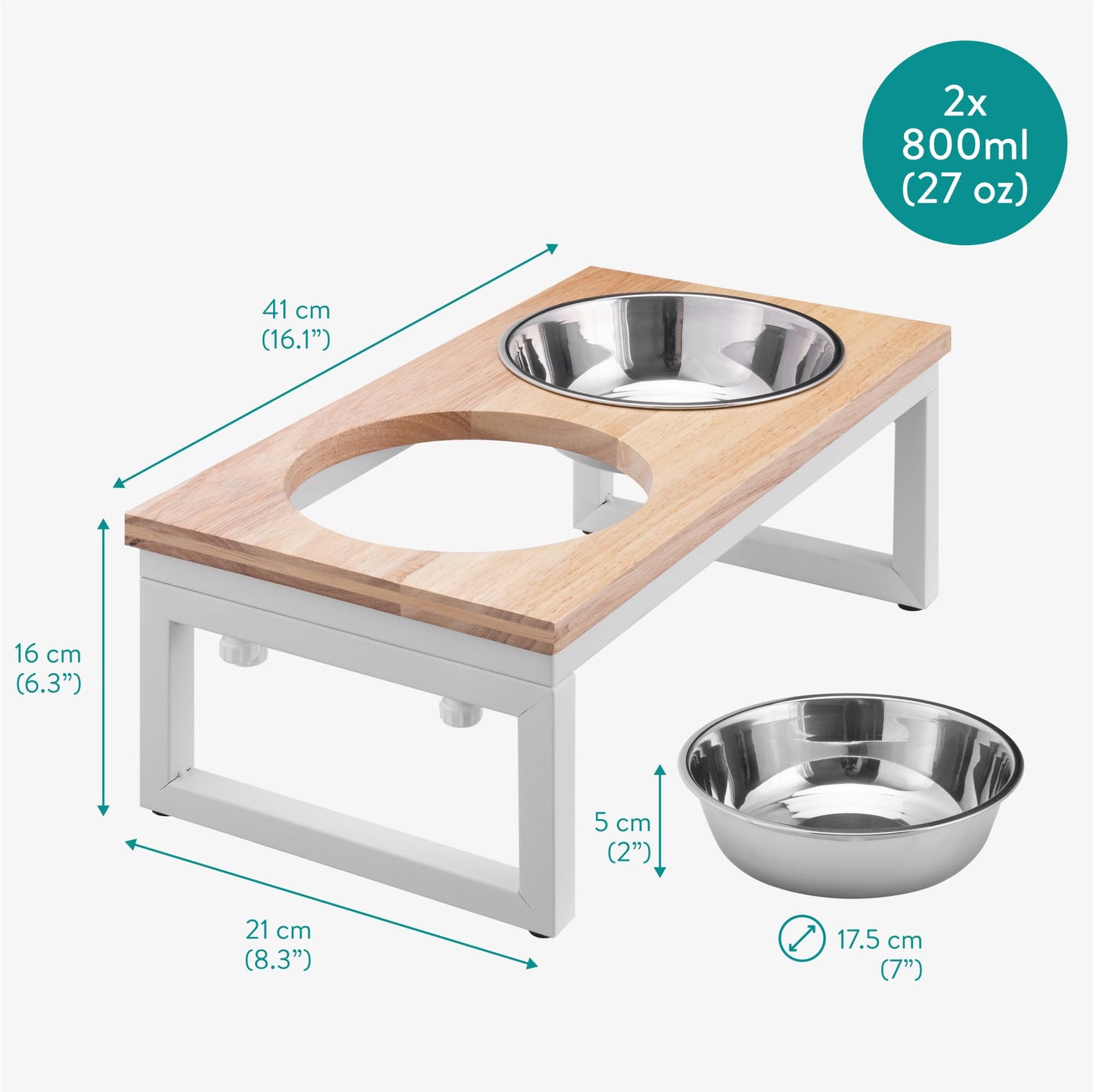 Navaris Large Pet Feeder with Foldable Legs - Raised Dog Bowls with Wooden Stand - Elevated Pet Dish for Dogs - Duo Dog Bowl Set with Stand - Medium & Large Size Dog - 27oz (800ml)