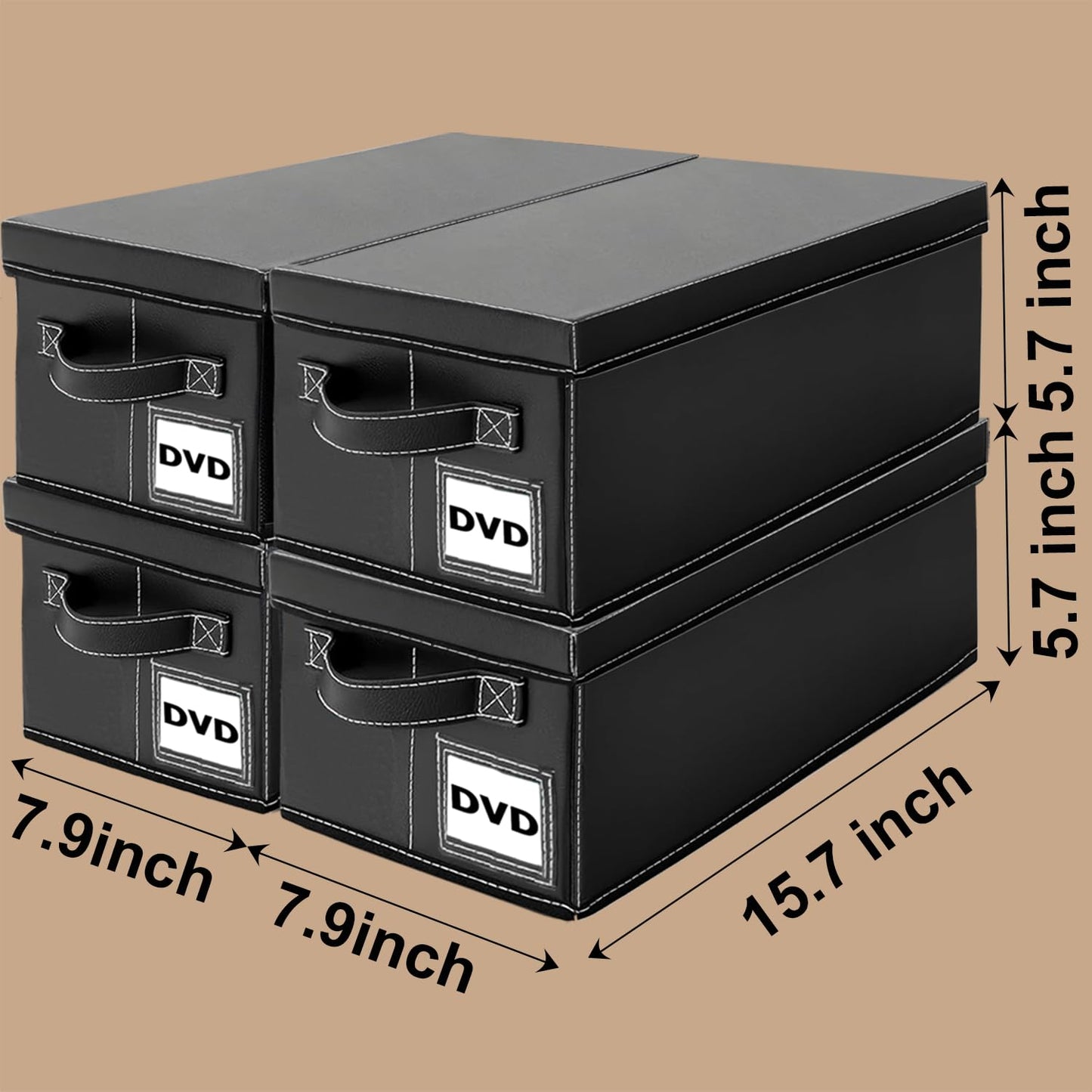 Salajory DVD Storage Boxes 4 Pack, Holds 100 DVDs, PU Leather Media Organizer Case for Blu-ray, Game & Movie Discs with Handle, 15.7x7.9x5.7 Inches, Desktop or Closet Storage