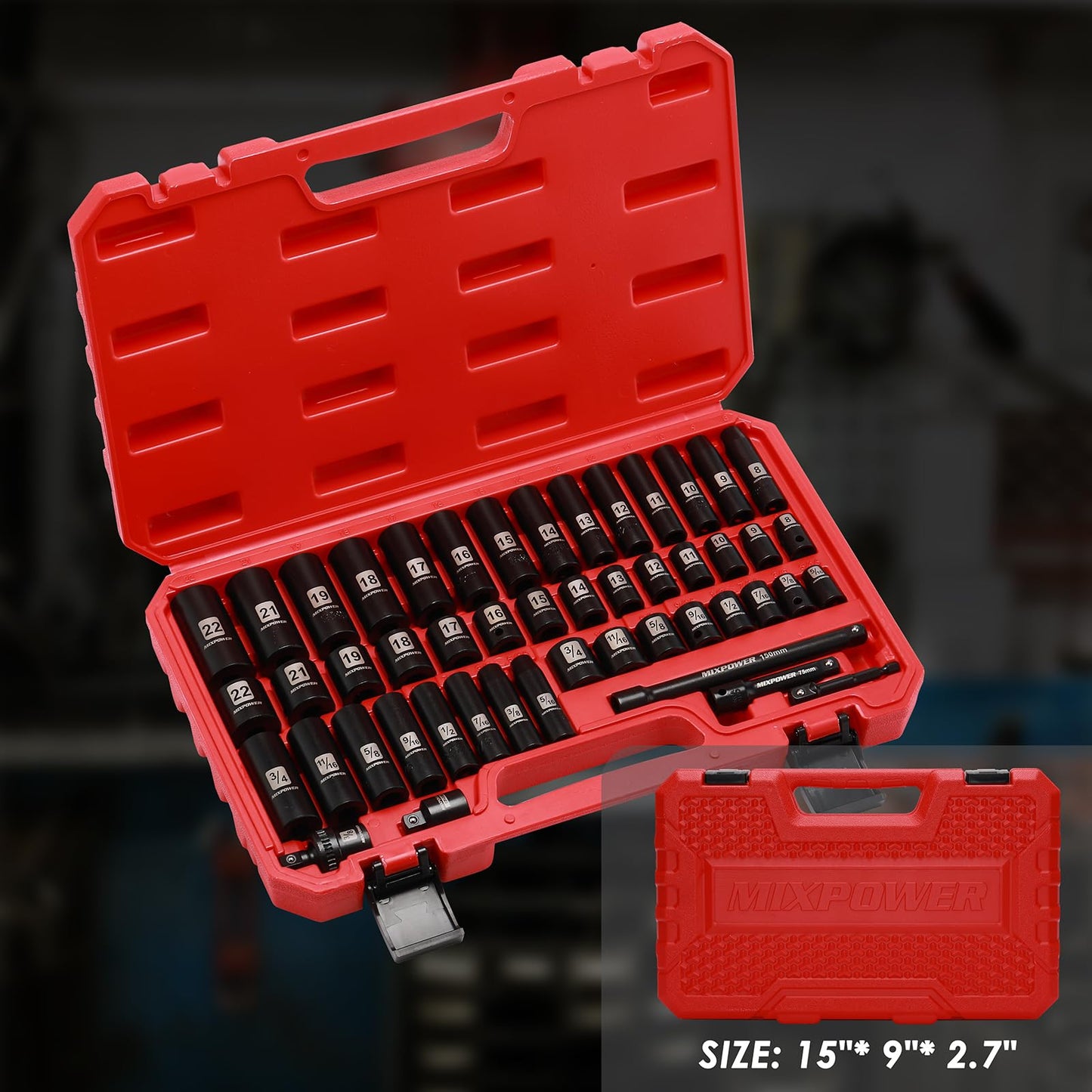 MIXPOWER 3/8" Drive Deep Impact Socket Set, 6 Point, 48 Piece Standard SAE and Metric Sizes, 5/16-Inch to 3/4-Inch and 8-22 mm, Cr-V Steel Mechanic Socket Set