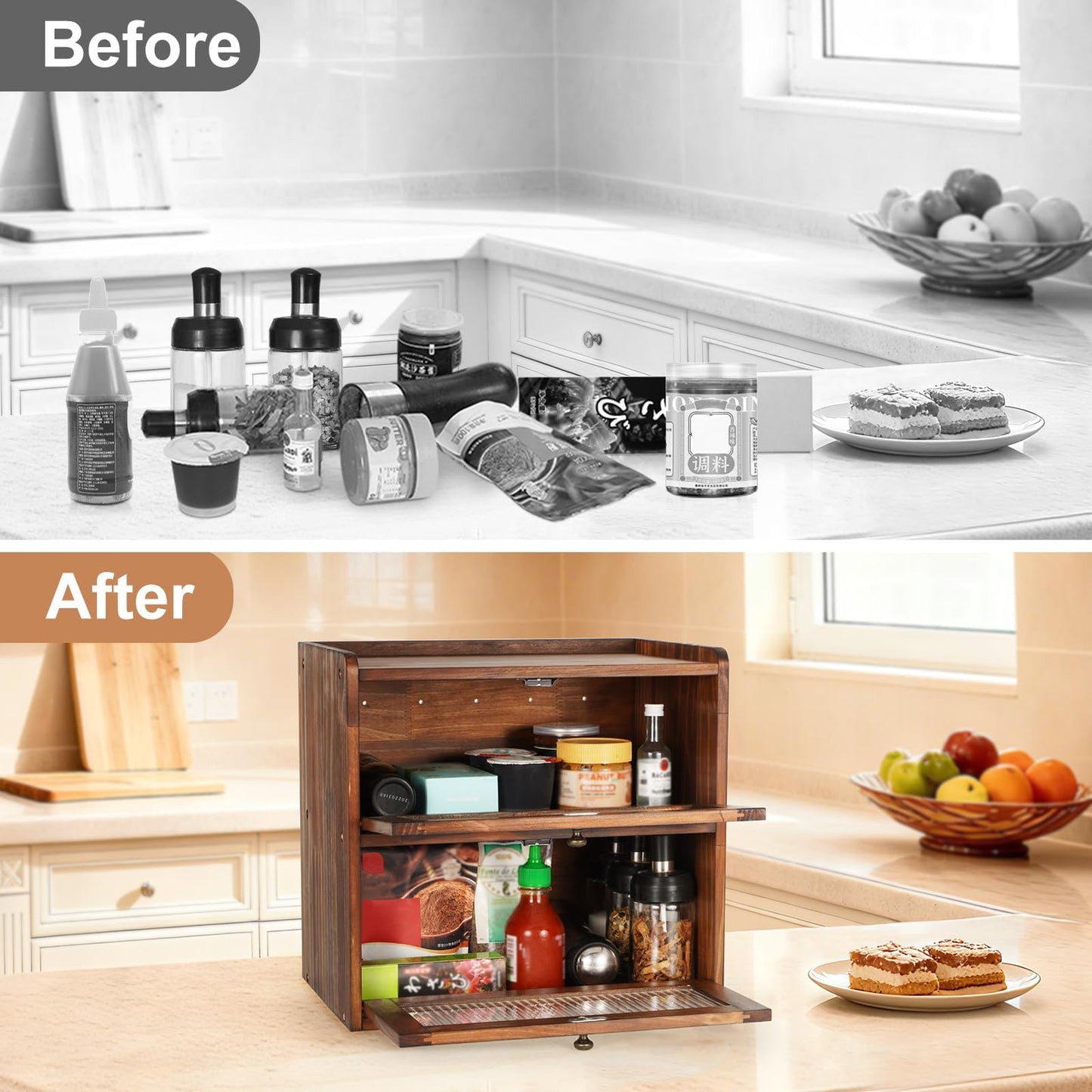 Ciilee Baby Bread Box for Kitchen Counter Large Capacity Bread Storage Container Wooden Breadbox Bin 2 Layer Bread Keeper Farmhouse Food Holder with Acrylic Door Easy to Assemble Boite a Pain(Brown)