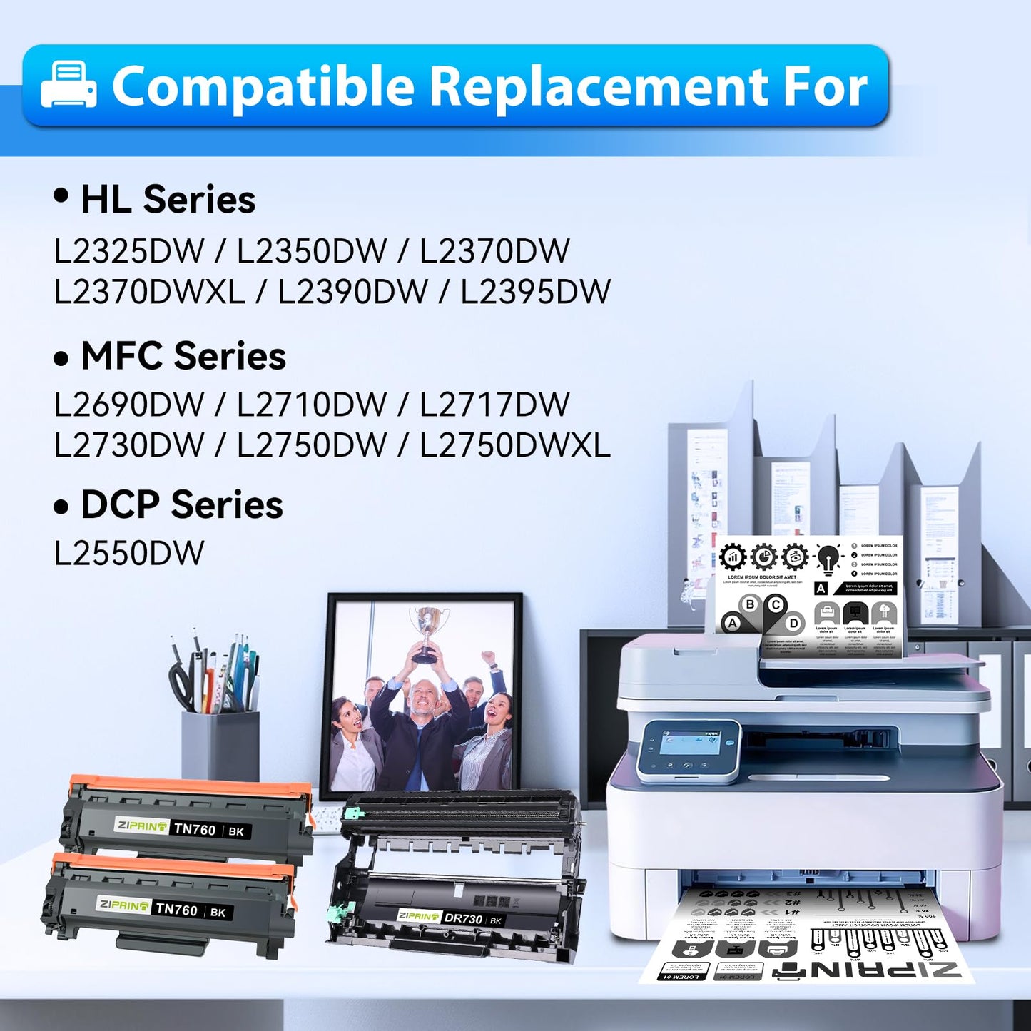 ZIPRINT TN760 Toner Cartridge and DR730 Drum Unit Compatible Replacement for Brother TN 760 TN-760 TN730 DR730 for MFC-L2710DW MFC-L2750DW HL-L2370DW DCP-L2550DW (2 Toners, 1 Drum Unit, 3 Pack)