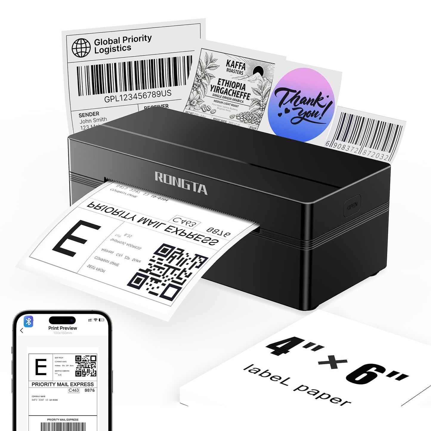 Rongta Bluetooth Shipping Label Printer, Wireless 4x6 Thermal Label Printer for Shipping Packages, Support Android, iPhone, Widely Used for Amazon, Shopify, Etsy, UPS, Black