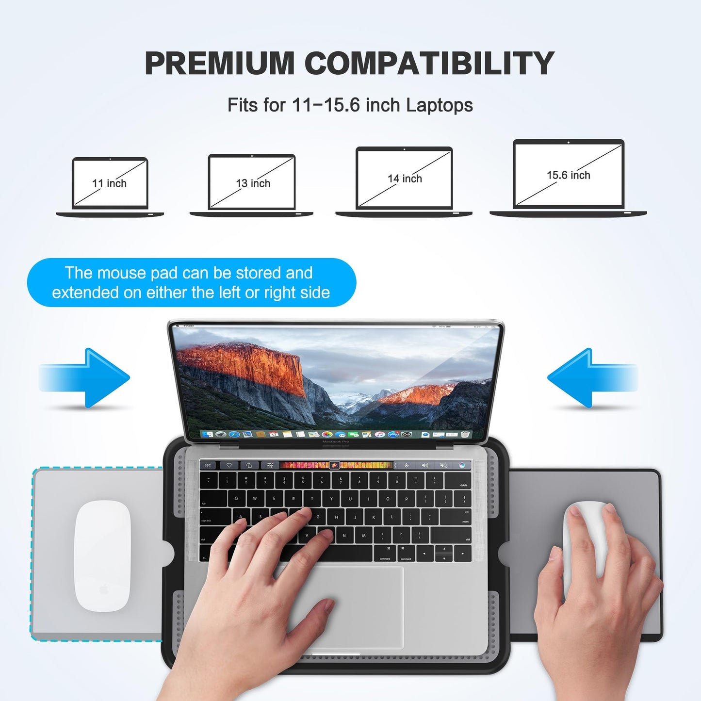 AboveTEK Portable Laptop Lap Desk w/Retractable Left/Right Mouse Pad Tray, Non-Slip Heat Shield Tablet Notebook Computer Stand Table w/Sturdy Stable Cooler Work Surface for Bed Sofa Couch or Travel