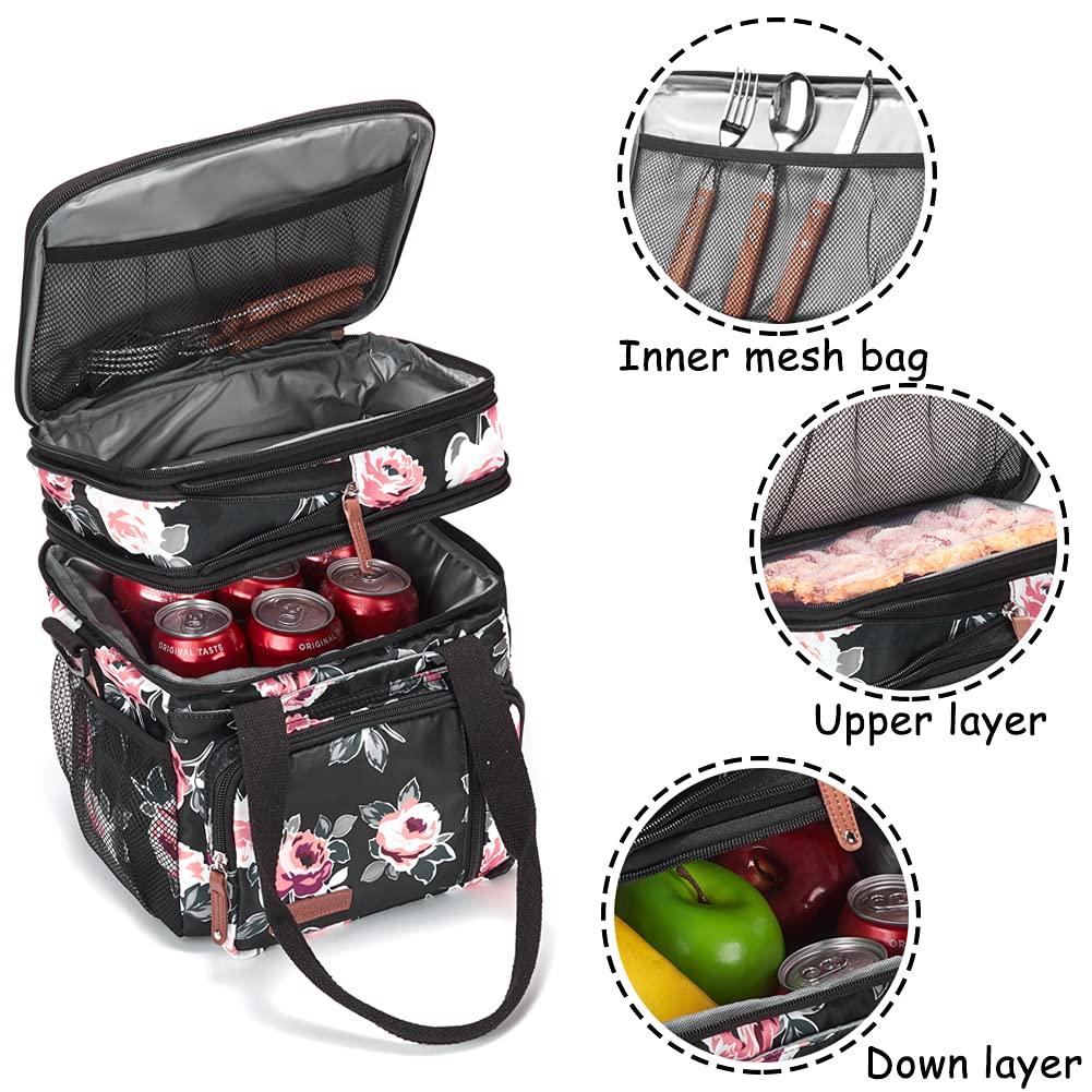 Lunch Bag Women Flower Insulated Lunch Box for Work, Expandable Large Lunch Bag, Leakproof Double Deck Lunch Box Cooler Bag with Removable Shoulder Strap（Flower）