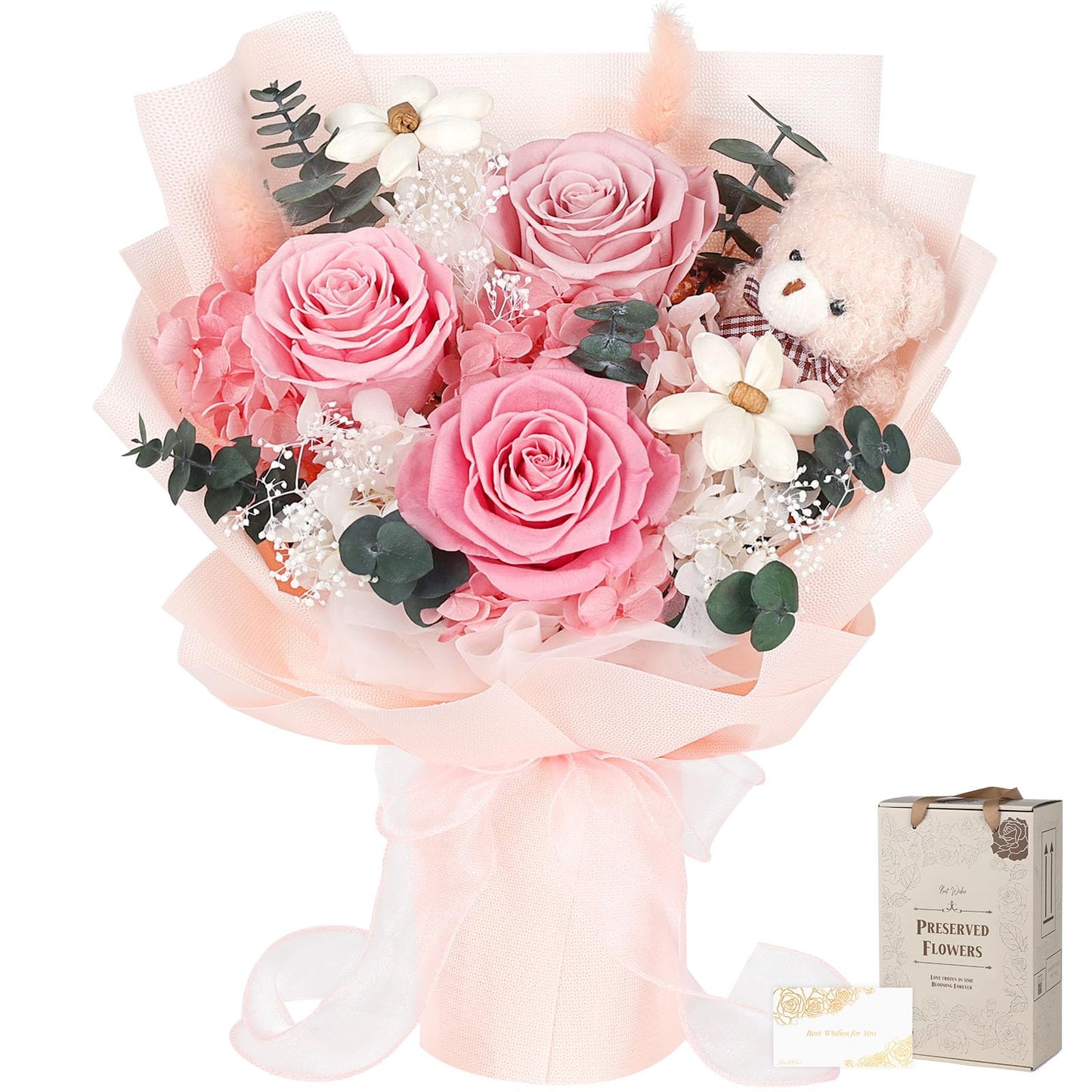Preserved Flowers Bouquet with Bear, 3 Real Forever Flowers for Delivery, Long-Lasting Pink Eteranl Roses Bouquet, Anniversary Birthday Graduation Gifts for Women Girlfriend Her Mom Grandma