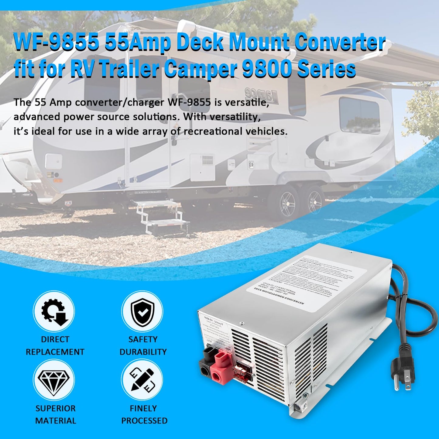 WF-9855 55 Amp Deck Mount Charger/Converter with Lithium-Ion Switch Replacement for RV Trailer Camper 9800 Series