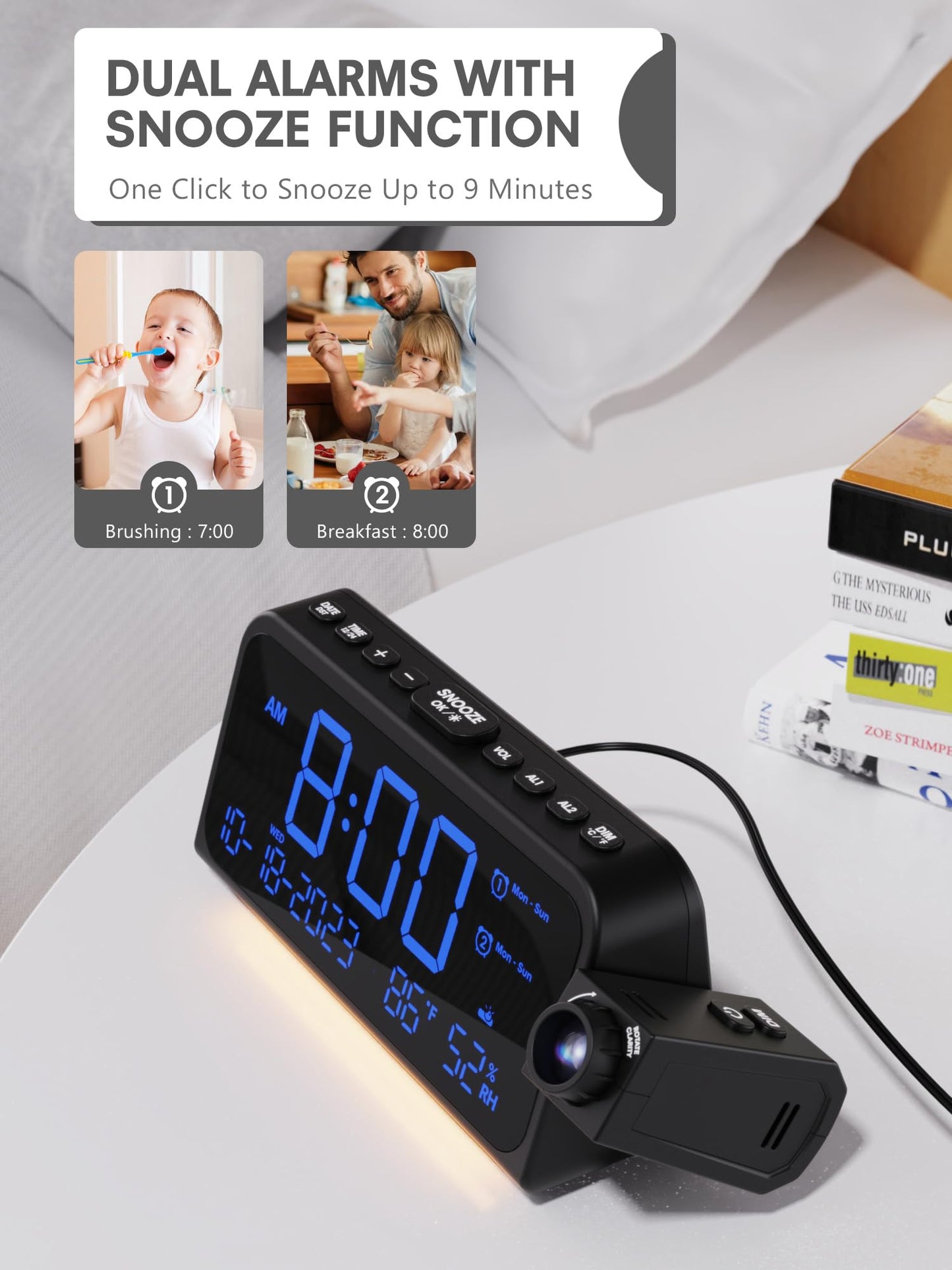 350° Rotatable Projection Alarm Clock, Dual Alarm and Nightlight, Adjustable Brightness and Volume, USB-A & Type-C Charging, 9mins Snooze,12/24H/DST, Digital Calendar Clocks for Bedrooms
