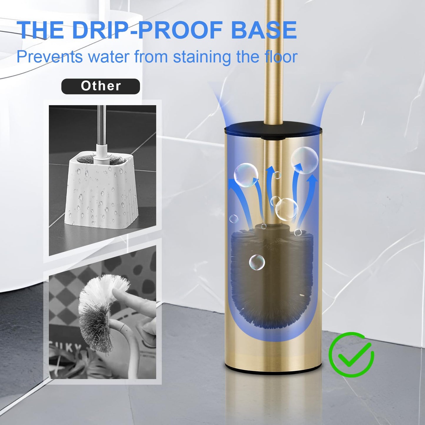 304 Stainless Steel Toilet Brush and Brush Holder Set, Circular Floor Toilet Brush Holder, Long Handle, Bathroom Heavy-Duty Cleaner, High-End Cylinder Wall (Brushed Gold) YIGUANXIN