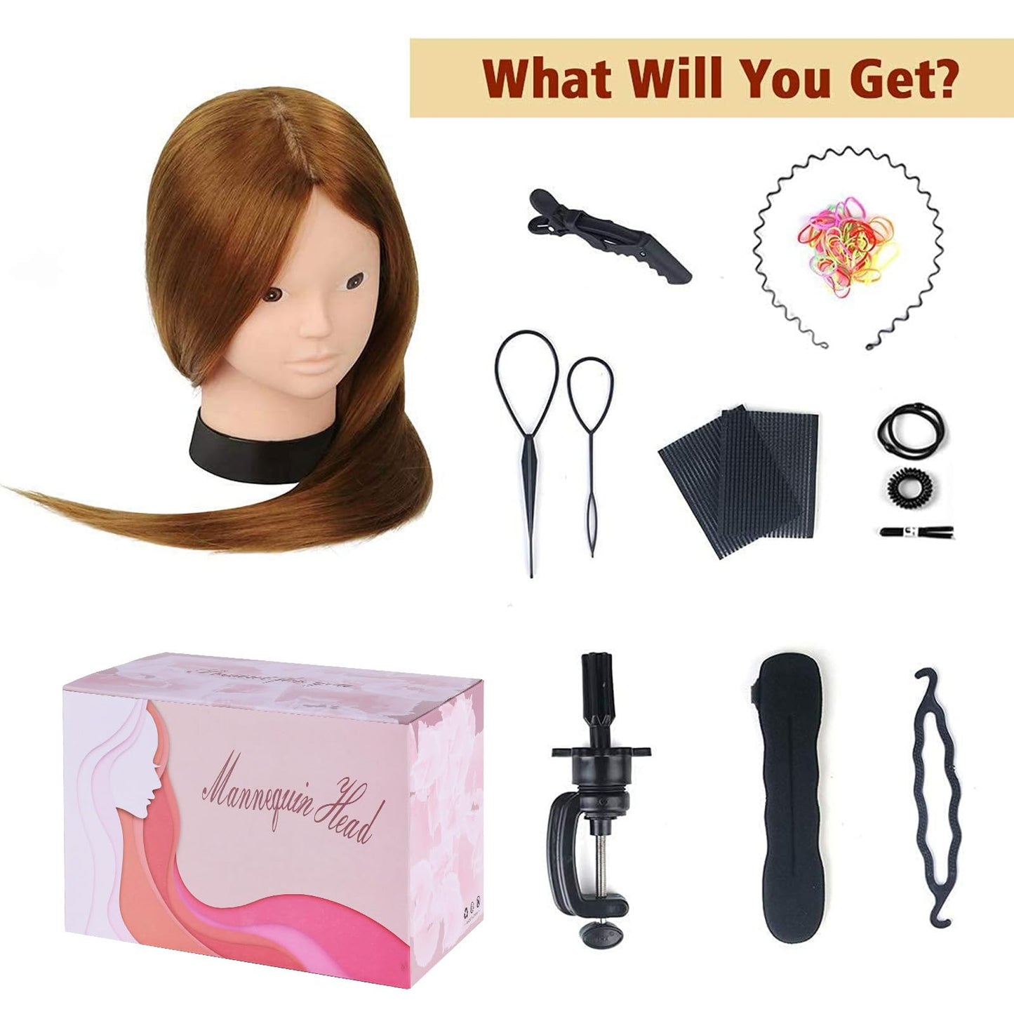 Beauty Star Mannequin Head with 80% Real Human Hair, Manikin Doll Head for Hair Styling, Cosmetology Makeup Hairdressing Training Practice Head with Clamp Stand and DIY Hair Styling Braiding Set