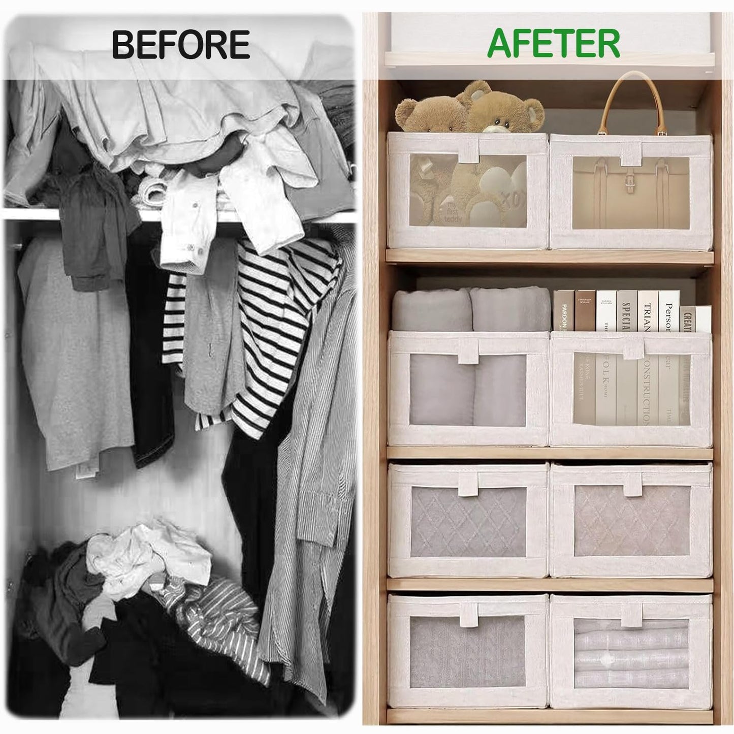 SUNAYOF 6 Pack Linen Closet Organizer and Storage, Foldable Closet Storage Bins with Clear Window, Linen Closet Baskets for Clothing, Jeans, Shelves, Toys