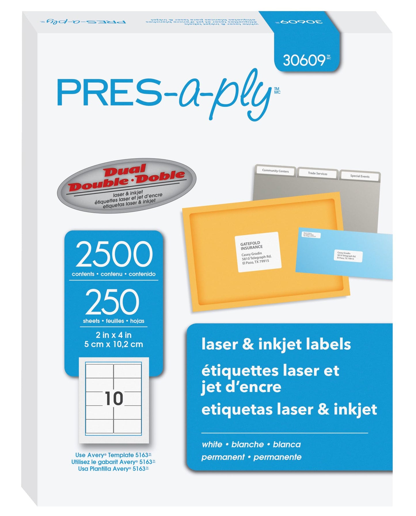 PRES-a-ply White Labels, Laser/Inkjet, 2" x 4" Labels
