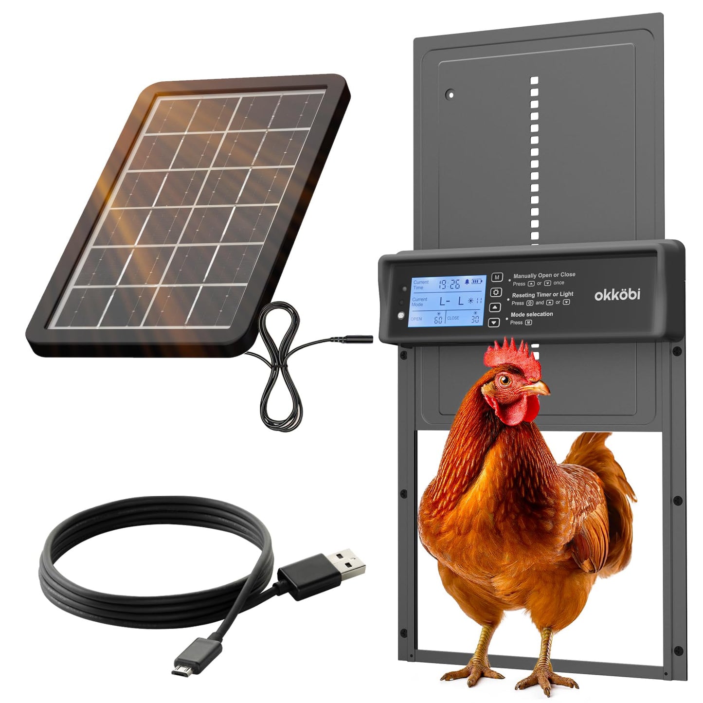 Okkobi Automatic Chicken Coop Door Solar Powered - LCD Display - Chicken Coop Door with Remote Control, Light Sensor & Timer - Security & Peace of Mind: Anti-Pinch Function - 5-Year Protection - Grey