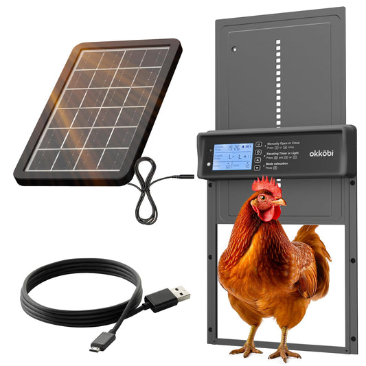 Okkobi Automatic Chicken Coop Door Solar Powered - LCD Display - Chicken Coop Door with Remote Control, Light Sensor & Timer - Security & Peace of Mind: Anti-Pinch Function - 5-Year Protection - Grey