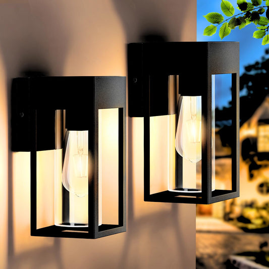 2-Pack Outdoor Wall Light Fixtures, Exterior Waterproof Lanterns, Porch Sconces Wall Mounted Lighting with E26 Sockets & Glass Shades, Modern Matte Black Wall Lamps for Patio Front Door Entryway