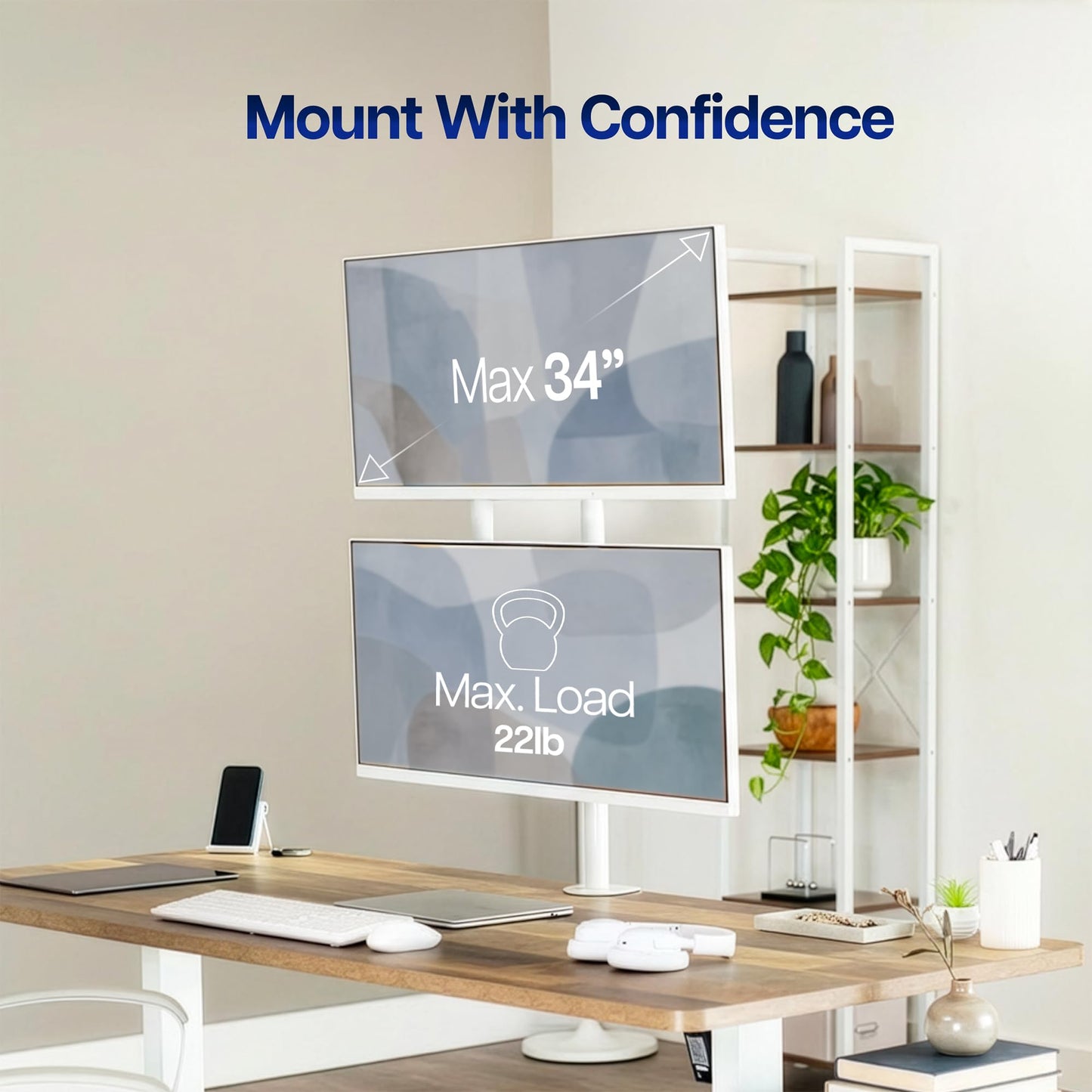 White Dual LCD Monitor Desk Mount Stand, Stacked Vertical 2 Screens up to 34"