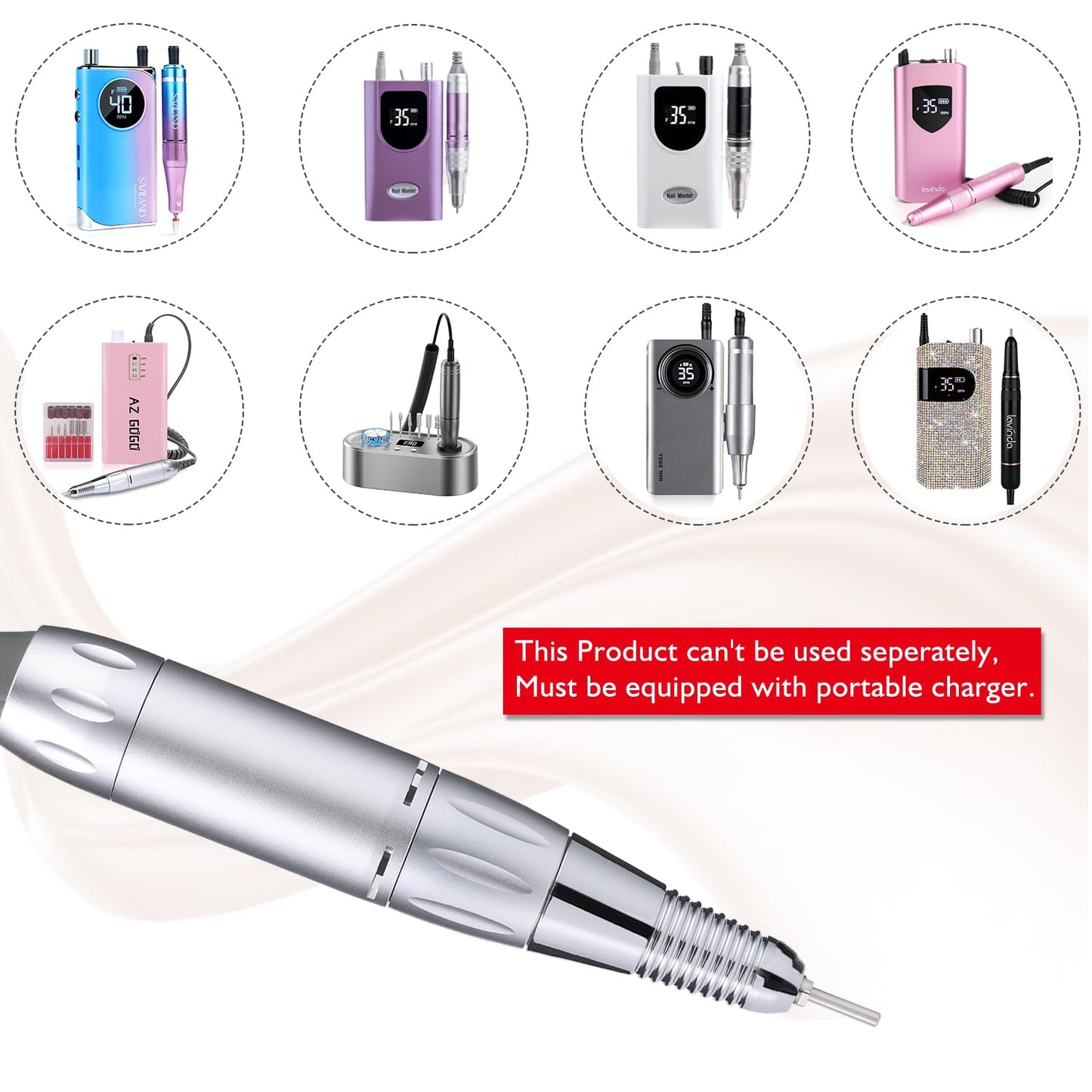 AZ GOGO Handpiece for TP283 Nail Drill Machine Part, 30000 rpm Portable Electric Nail Drill Machine for Acrylic Nails (Need Portable Charger)