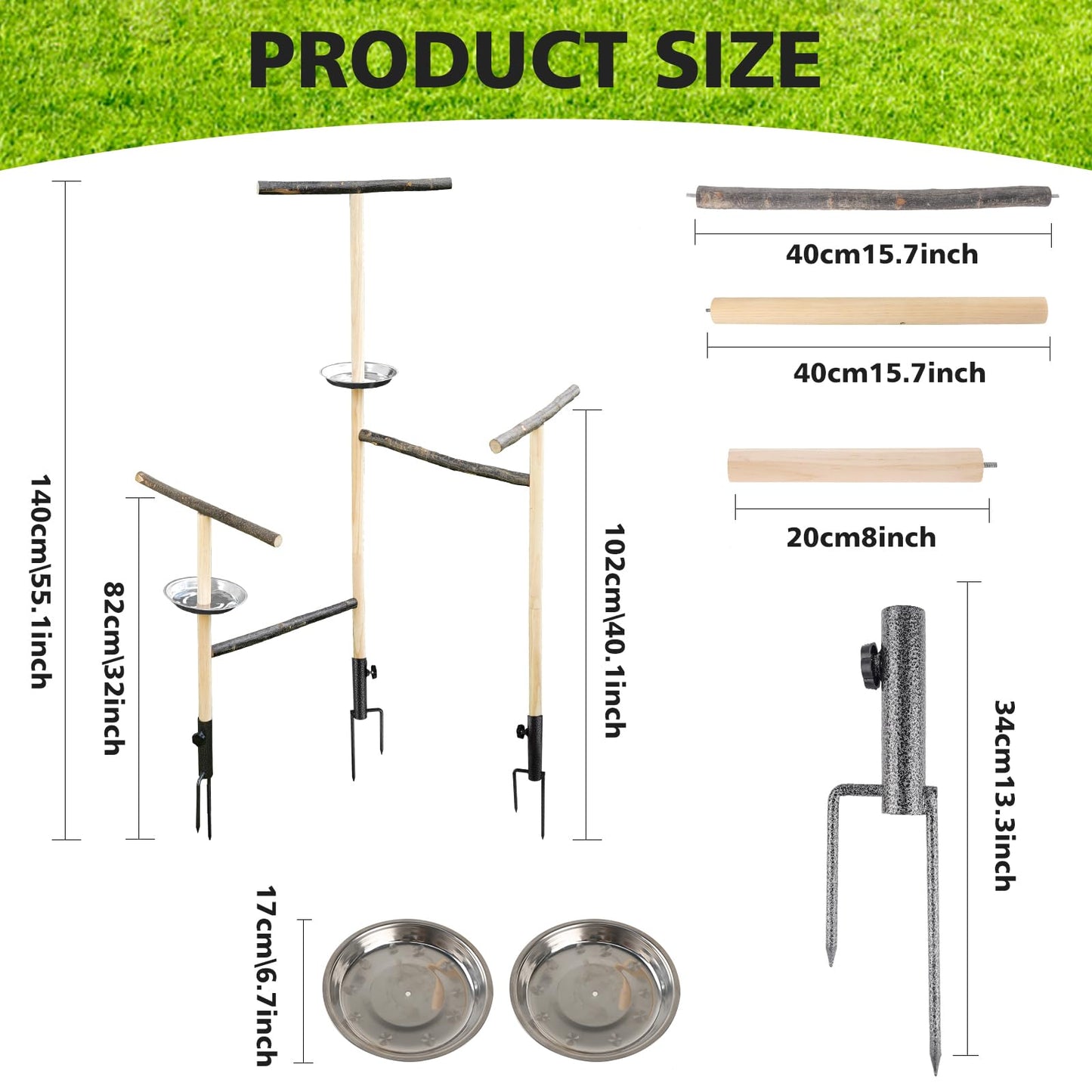 Chicken Perch Chicken Enrichment Toys for Coop Large Chicken Stand Wooden with Metal Ground Plug and Food Plate,Outdoor Poultry Playground Toys Secure Birds Training Platform