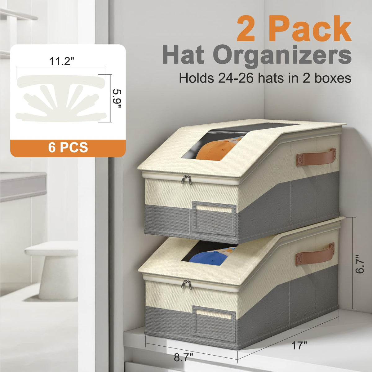 Lewonder 2 PCS Hat Organizer for Baseball Caps with 6 Paper Hats Shaper Insert, Stackable Hat Storage with Clear Lid, Holds up to 24 Caps Hat Box for Closet, Grey & Beige