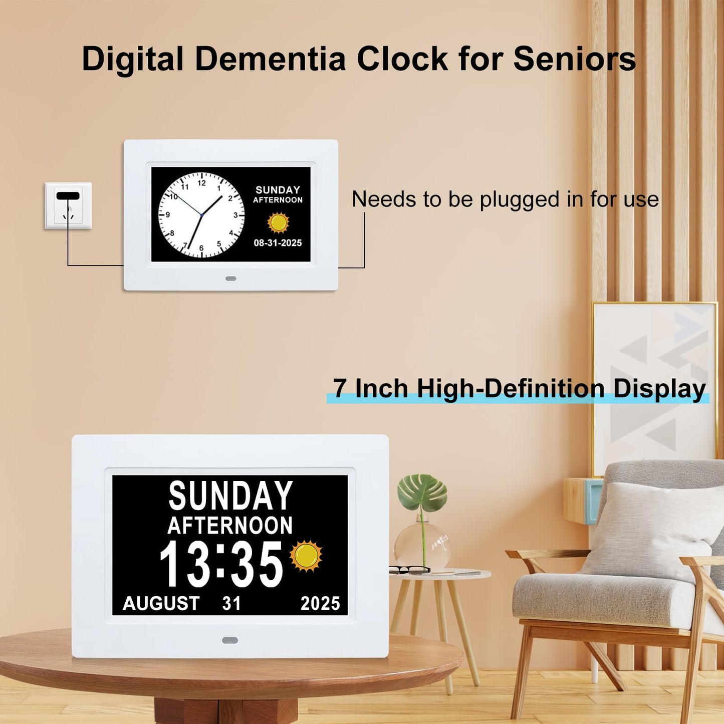 Dementia Clock for Seniors 7" Large Display Digital Calendar Day Clock,15 Custom Reminders, Alarm Clock with Day and Date,Auto-Dimmer,Electronic Calendar for Elderly Alzheimer's White-Remote Control