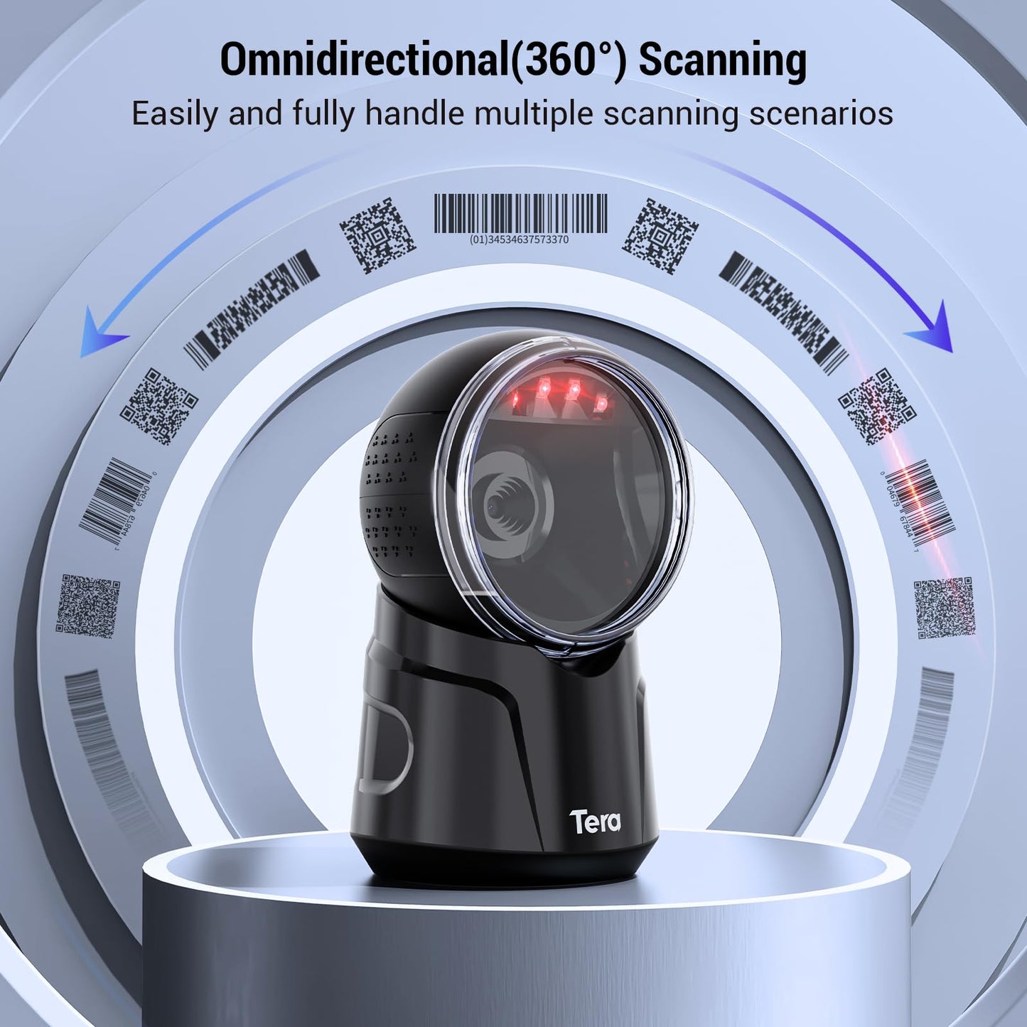 Tera Barcode Scanner Desktop Omnidirectional: 1D 2D QR Handsfree USB Wired Bar Code Reader Adjustable Scan Head Plug and Play for POS Supermarket Retail Store Mobile Payment Model 9000