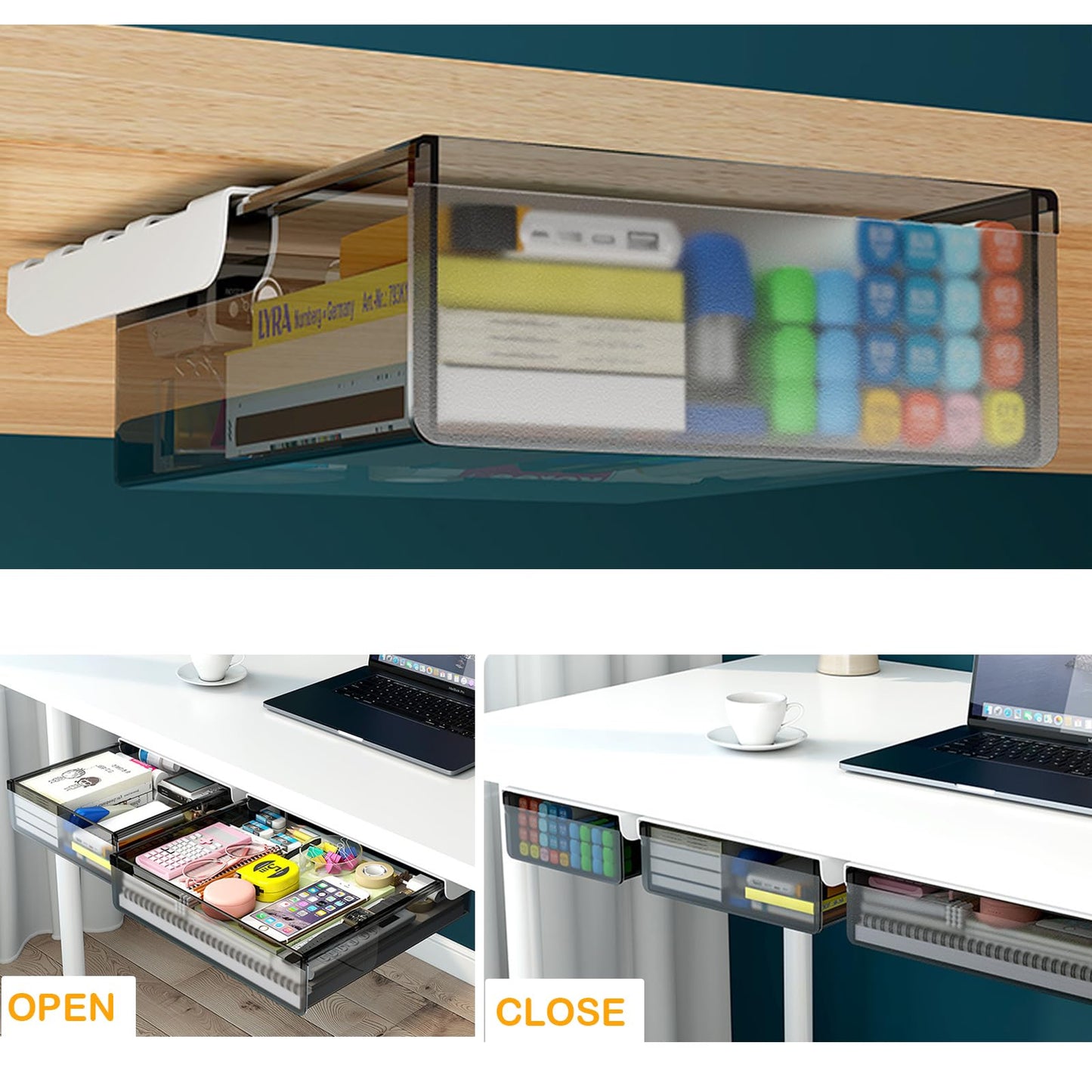 3 Pack Under Desk Drawer Organizer Slide Out - Come with Adhesive – Create Extra Storage Space for Your Home/Office/Kitchen Supplies