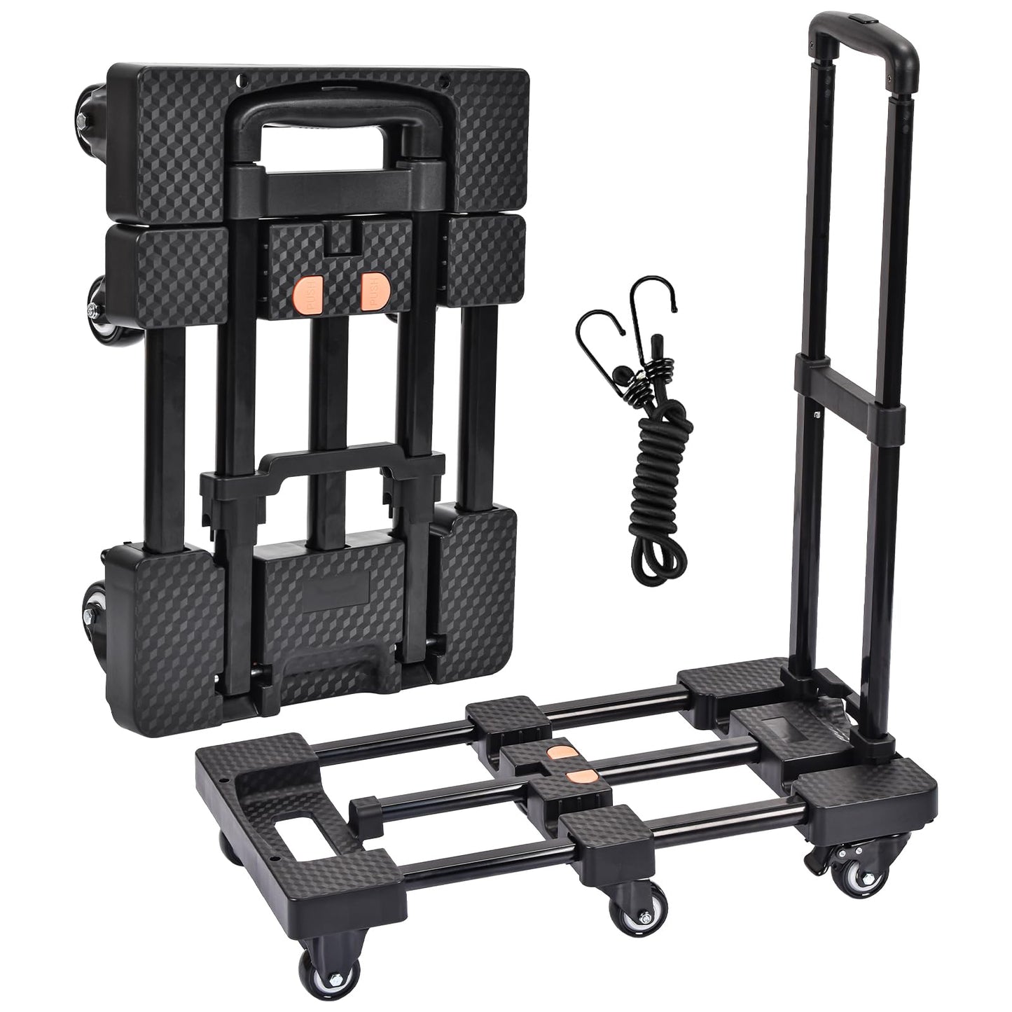 Rsemkkxce Folding Hand Dolly Cart, Heavy Duty Foldable Cart with 6 Wheels and 1 Elastic Ropes for Luggage, Travel, Shopping