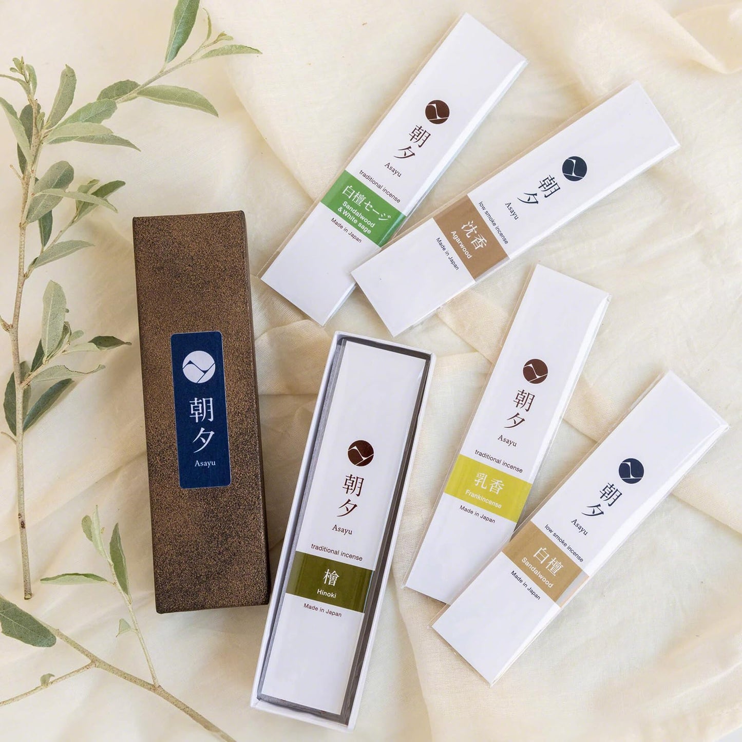 Asayu Japan 100% Natural Incense Sticks Assortment, 5 Scents (Sandalwood, Agarwood, Hinoki Cypress, White Sage, Frankincense), Made in Japan Incense Sampler Variety Pack - Natural Incense 5 scents