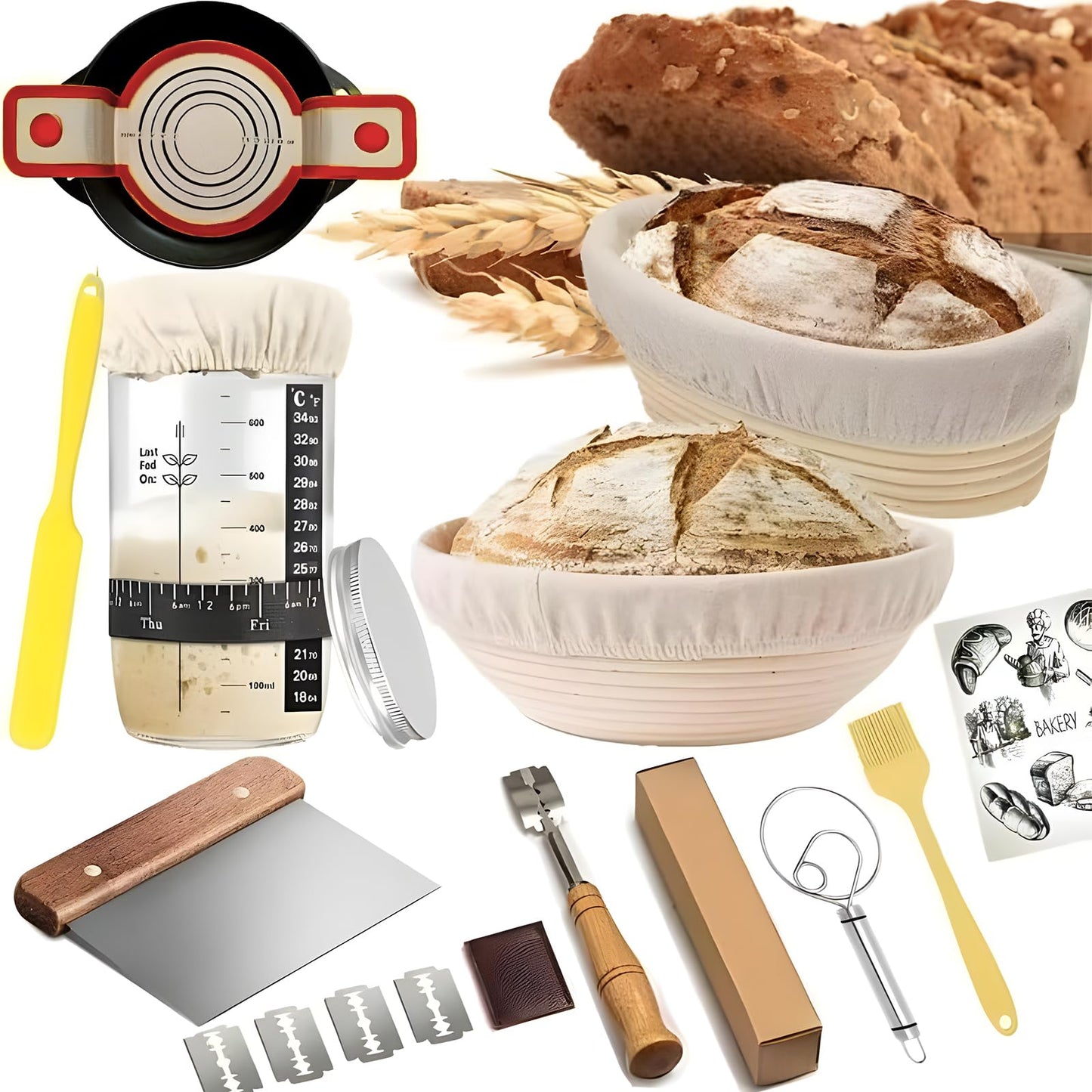 Sourdough Starter Kit, Sourdough Bread Baking Supplies with 2 Bread Proofing Baskets for Sourdough, 36oz Sourdough Starter Jar, Bread Lame, Dough Scraper, Dough Whisk & Silicone Bread Sling