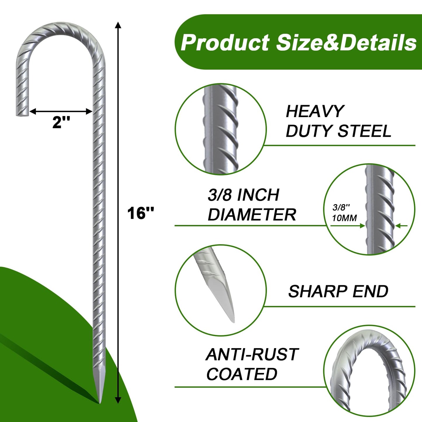 AAGUT 16" Rebar Tent Stakes Heavy Duty J Hook Ground Anchors Galvanized Steel Metal Garden Stake Yard Landscape Spikes 8 Pack for Dog Dig Defence, Chain Link Fence, Canopy