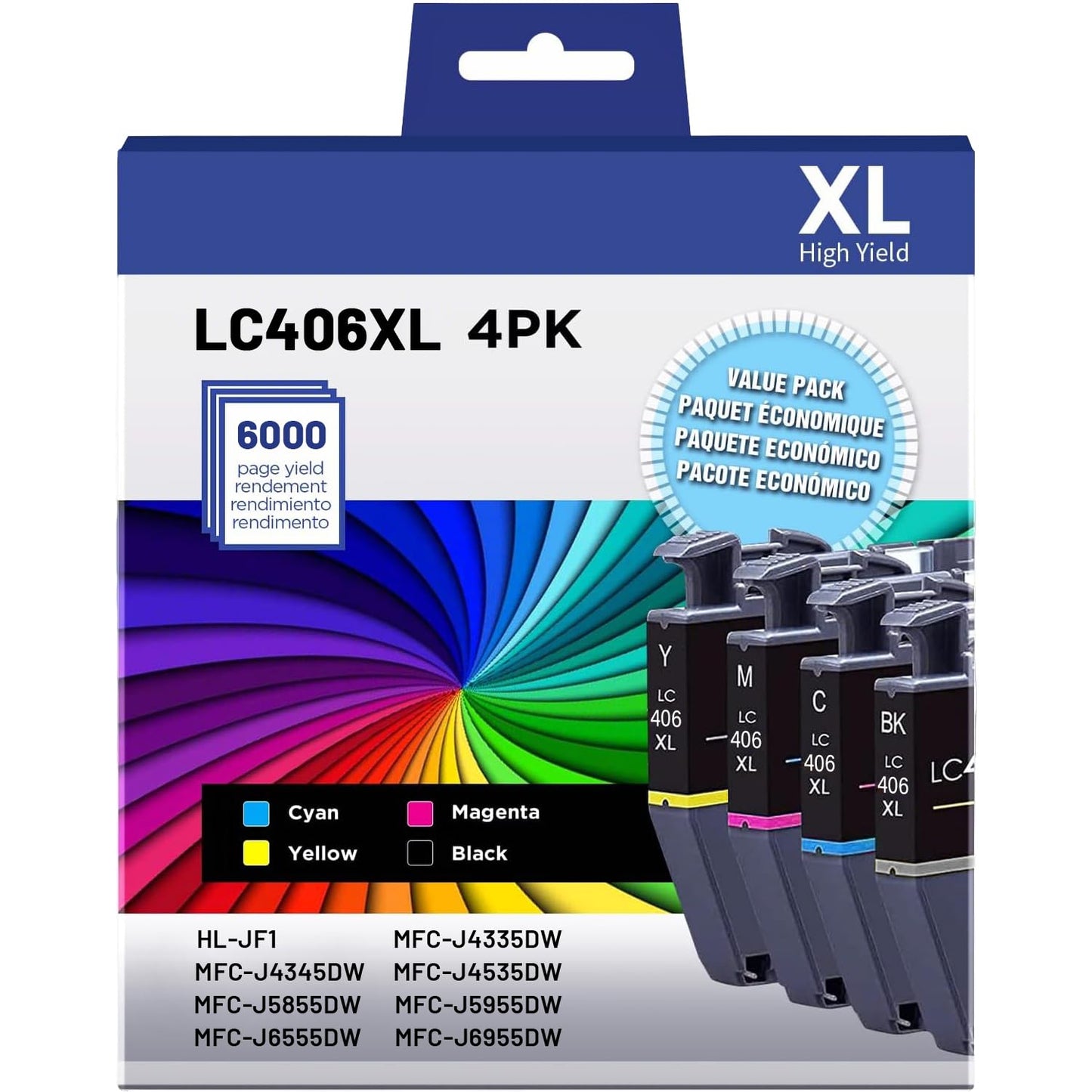 LC406XL Ink Cartridges Replacement Compatible for Brother LC406XL LC406 XL Ink use with Brother MFC-J4335DW MFC-J5855DW MFC-J6555DW MFC-J4535DW MFC-J6955DW Ink (Black, Cyan, Magenta, Yellow)